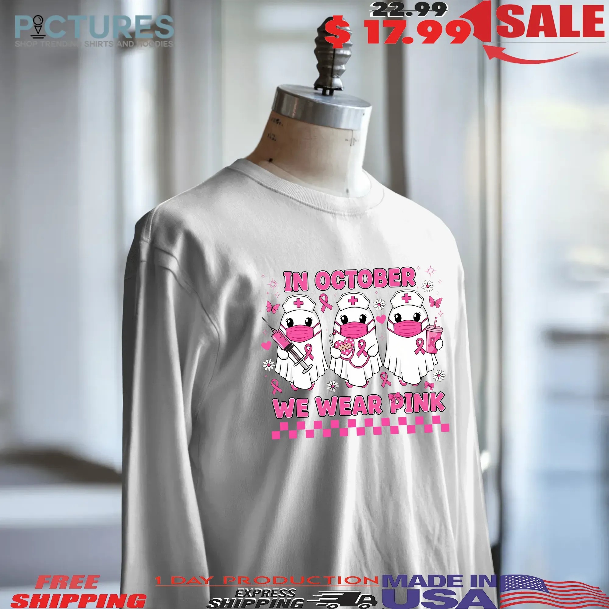 In October We Wear Pink Nurse Ghost Breast Cancer Awareness Halloween T Shirt