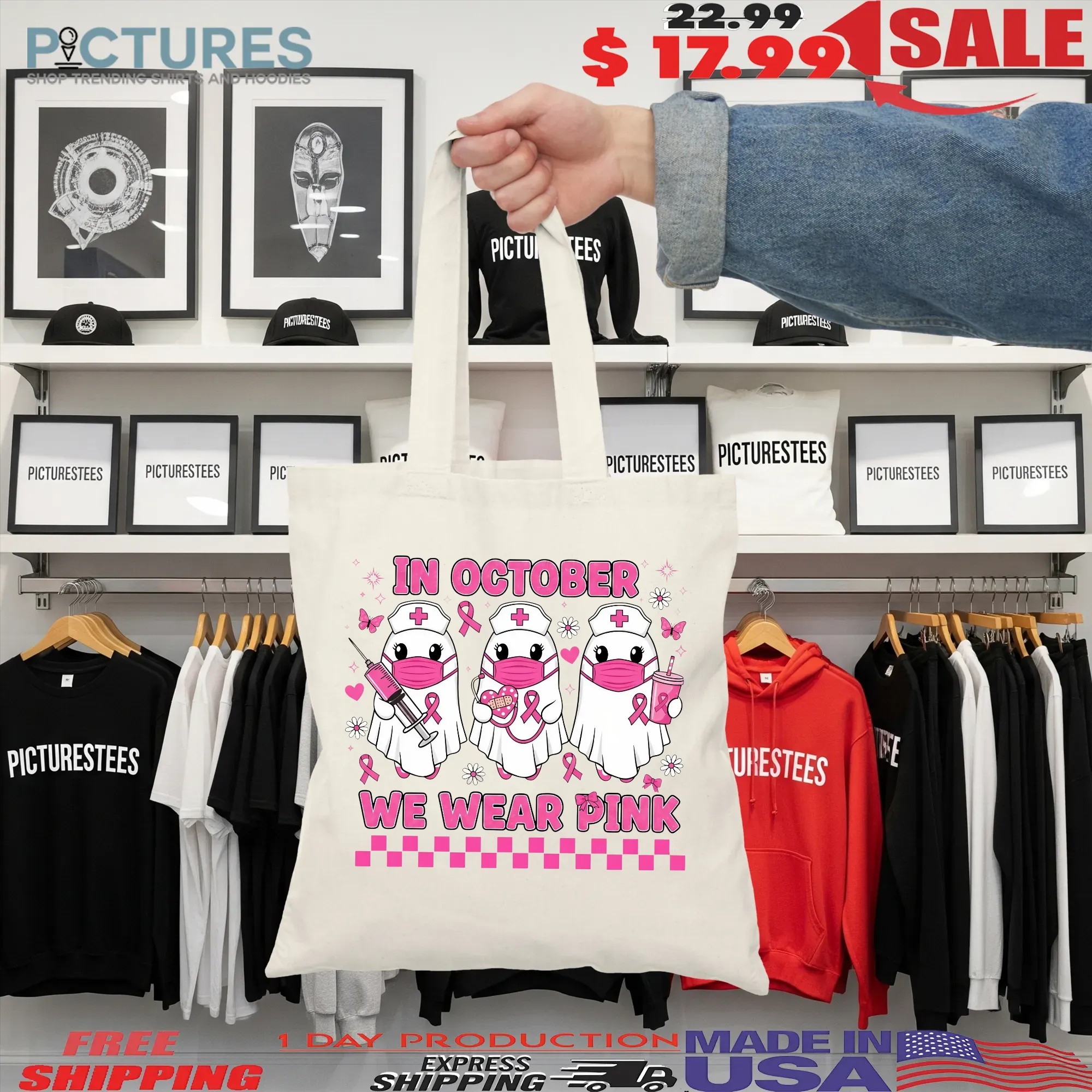 In October We Wear Pink Nurse Ghost Breast Cancer Awareness Halloween T Shirt