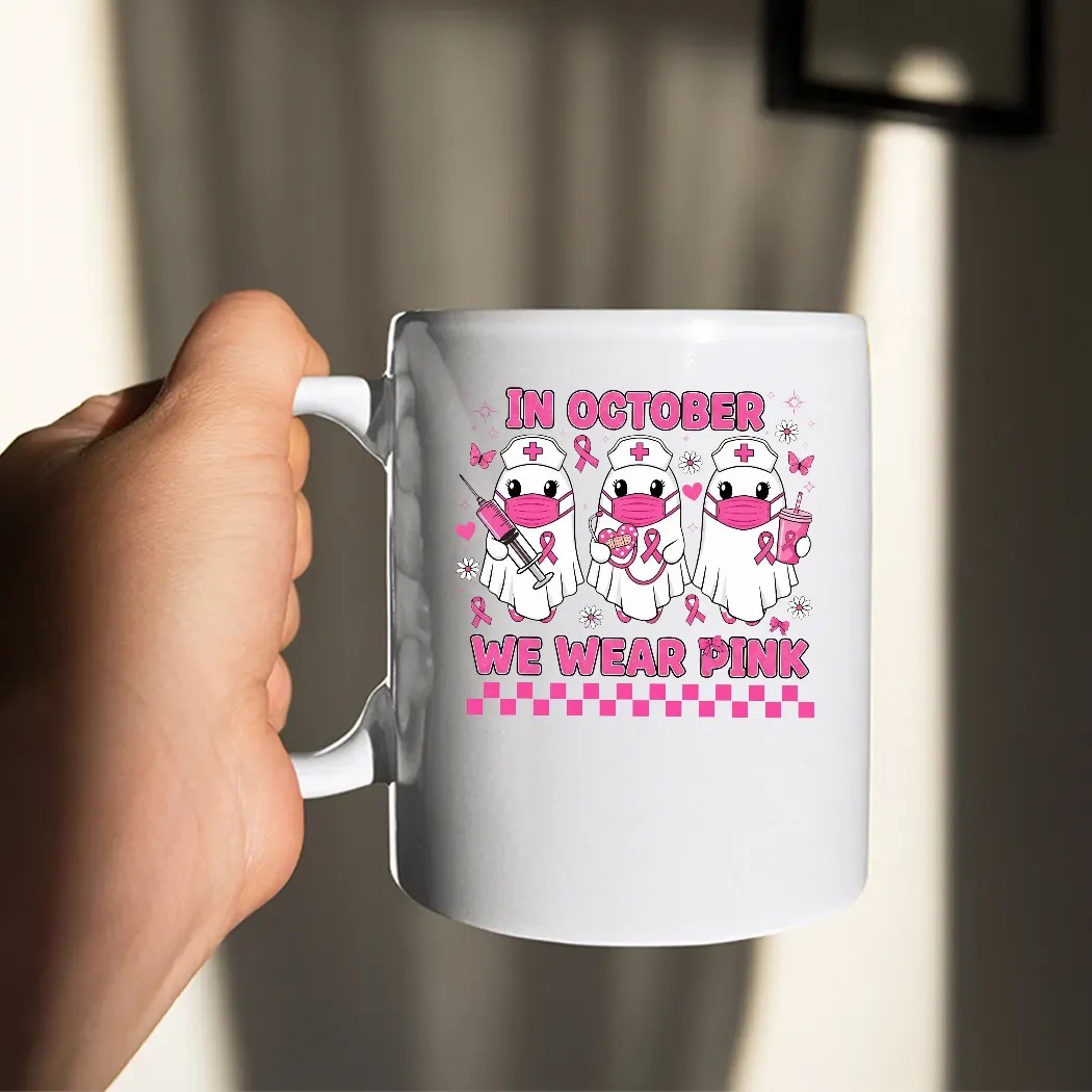 In October We Wear Pink Nurse Ghost Breast Cancer Awareness Halloween T Shirt