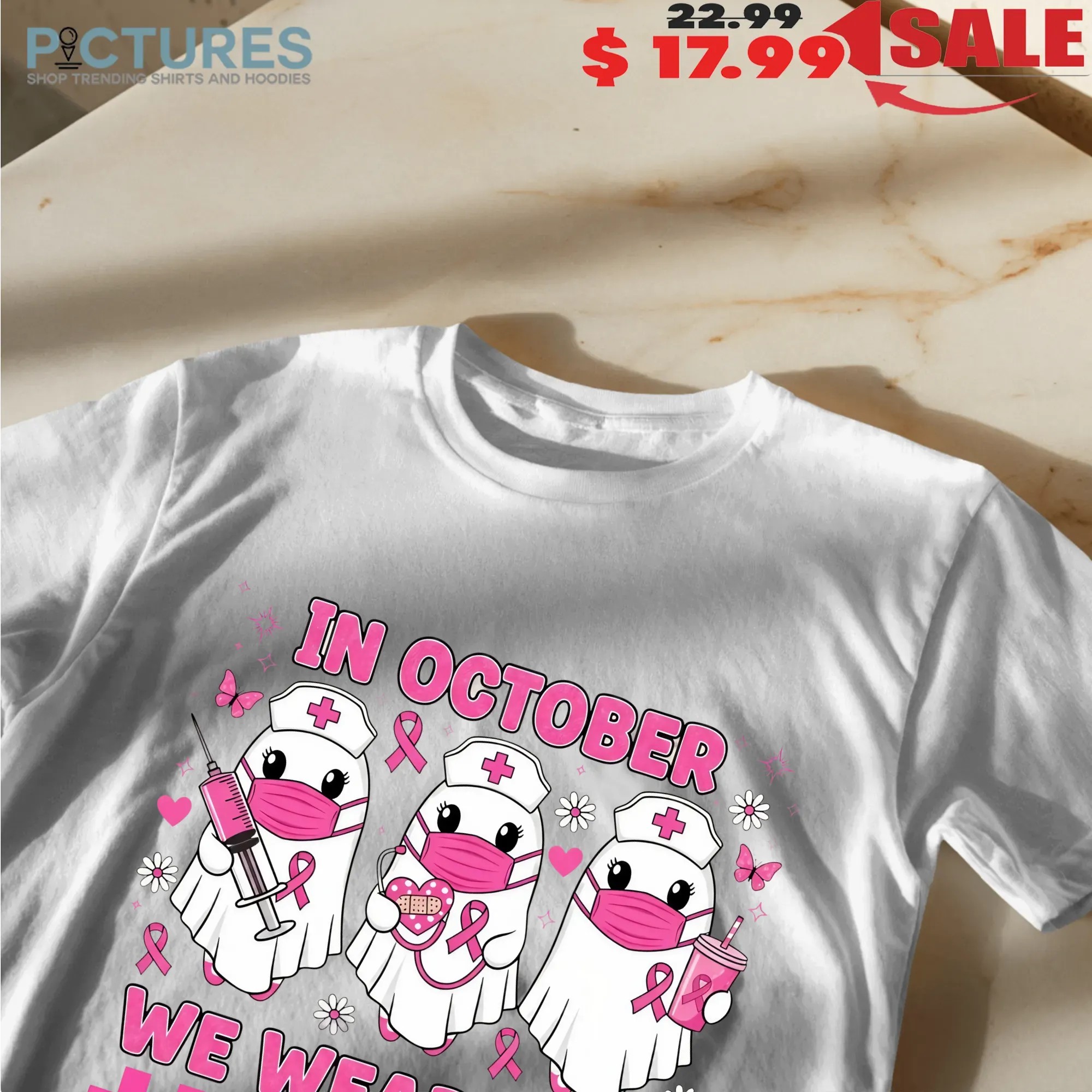 In October We Wear Pink Nurse Ghost Breast Cancer Awareness Halloween T Shirt