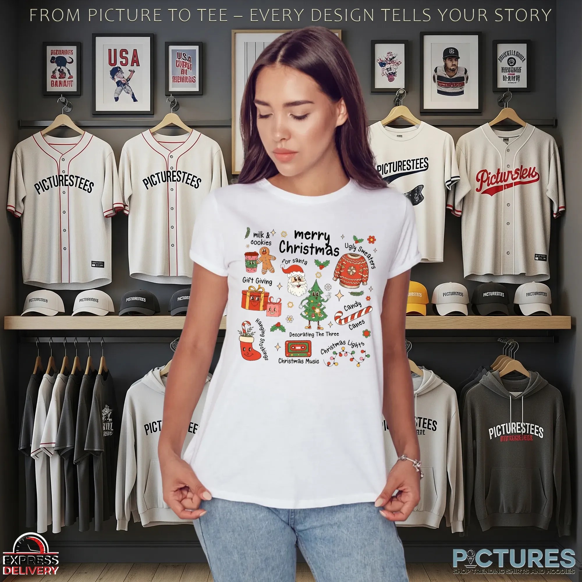 Merry Christmas Doodle with Santa, Gifts, Candy Canes, Tree, Cookies & Ugly Sweater Icons T Shirt