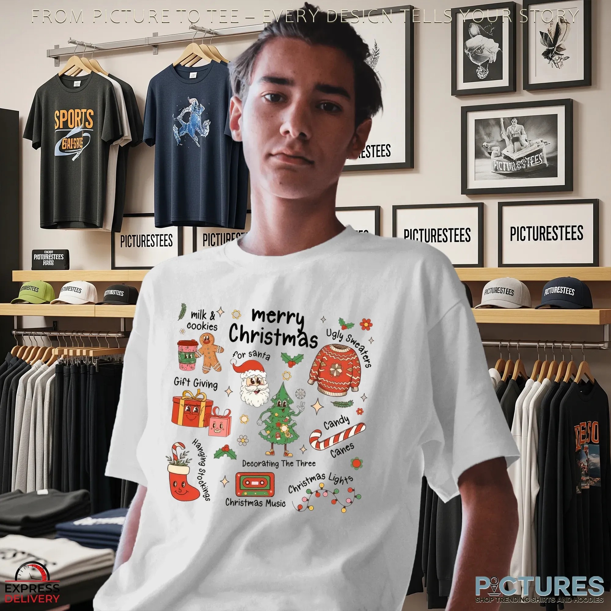 Merry Christmas Doodle with Santa, Gifts, Candy Canes, Tree, Cookies & Ugly Sweater Icons T Shirt