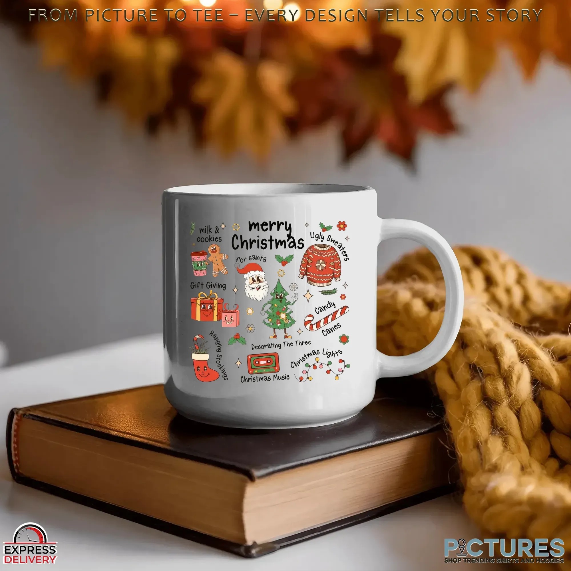 Merry Christmas Doodle with Santa, Gifts, Candy Canes, Tree, Cookies & Ugly Sweater Icons T Shirt
