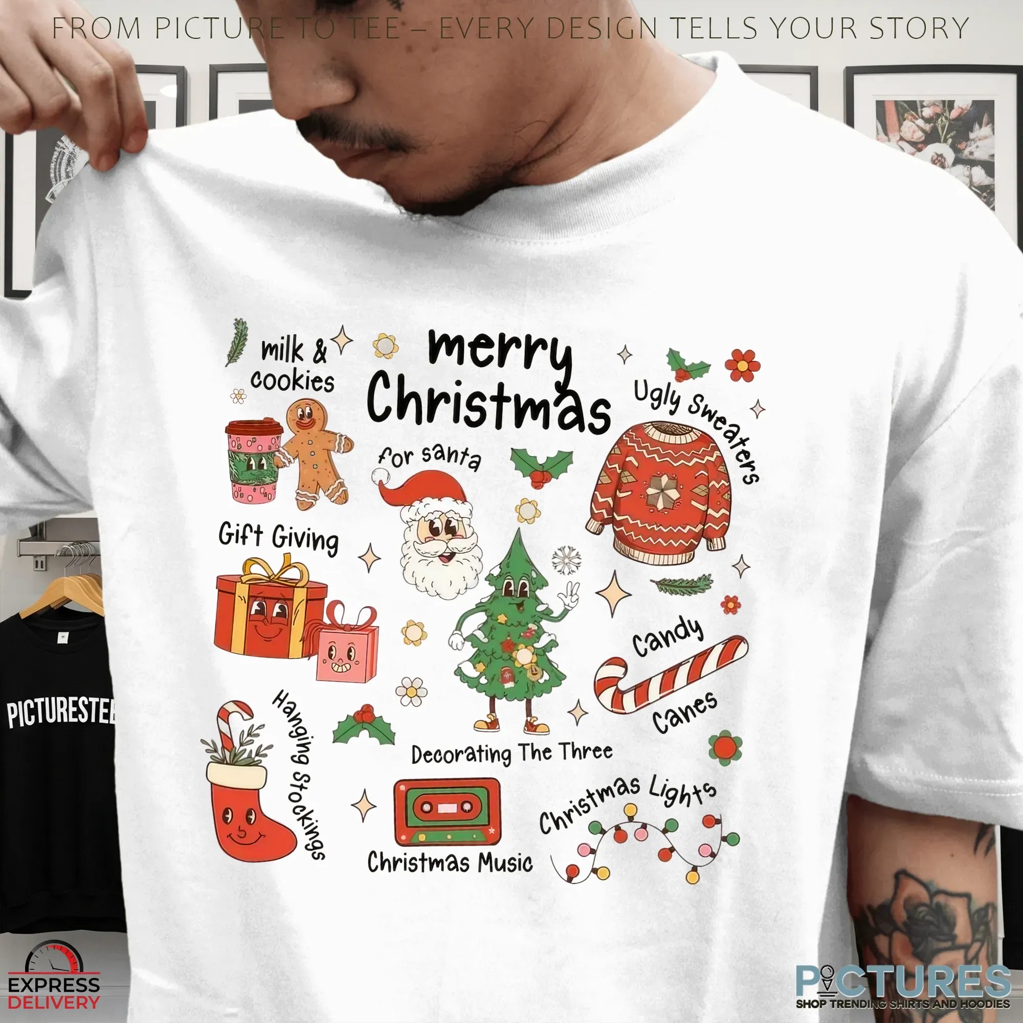 Merry Christmas Doodle with Santa, Gifts, Candy Canes, Tree, Cookies & Ugly Sweater Icons T Shirt