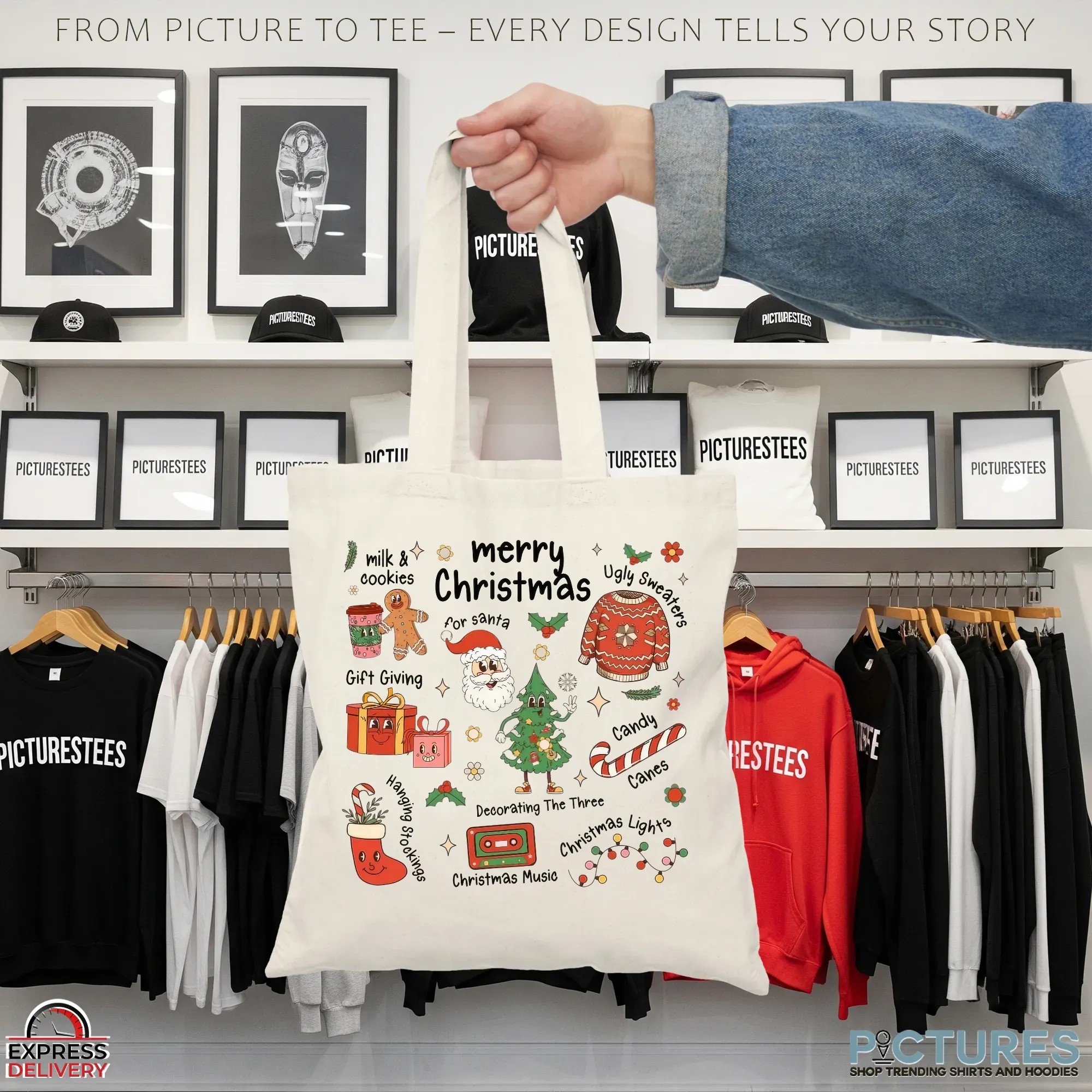 Merry Christmas Doodle with Santa, Gifts, Candy Canes, Tree, Cookies & Ugly Sweater Icons T Shirt