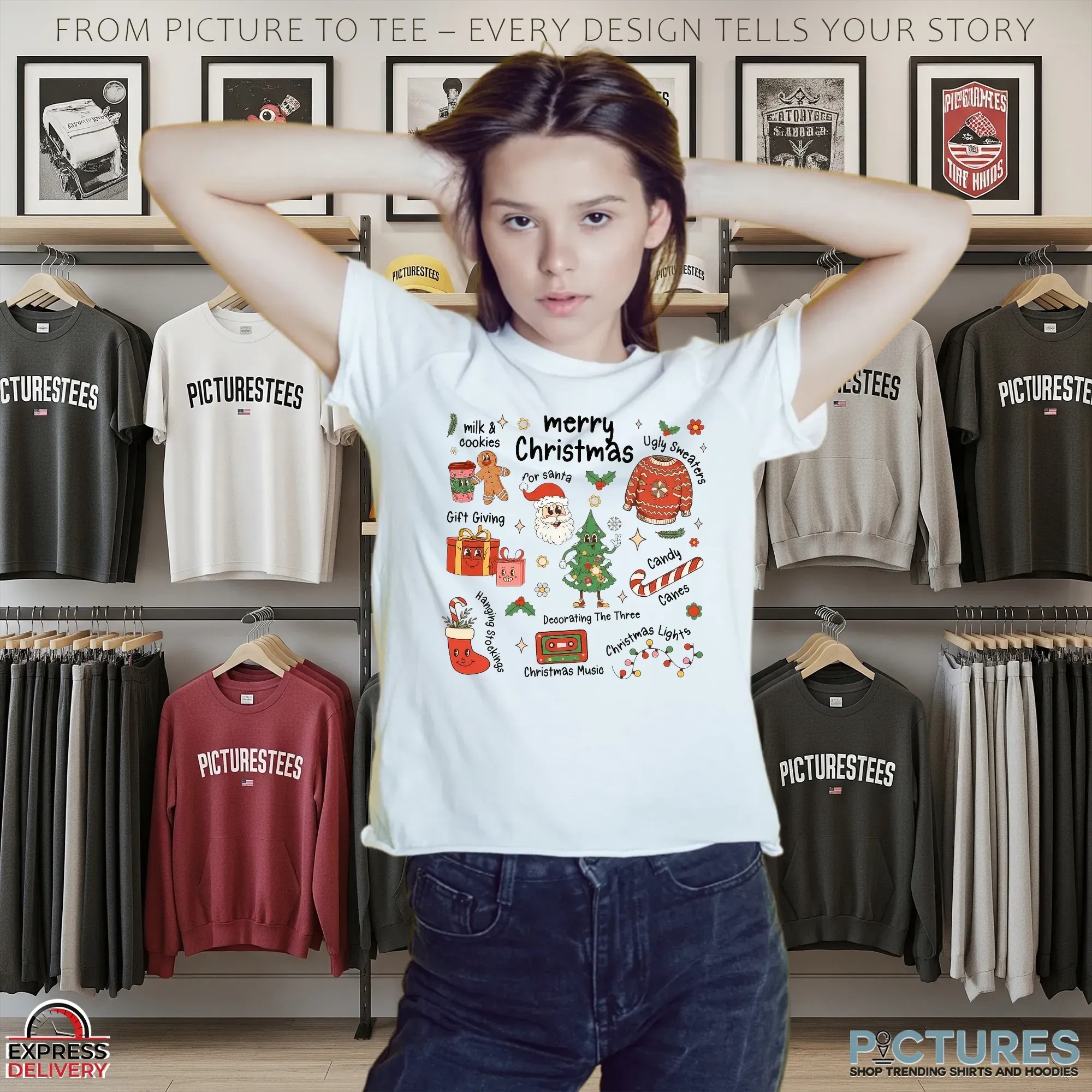 Merry Christmas Doodle with Santa, Gifts, Candy Canes, Tree, Cookies & Ugly Sweater Icons T Shirt