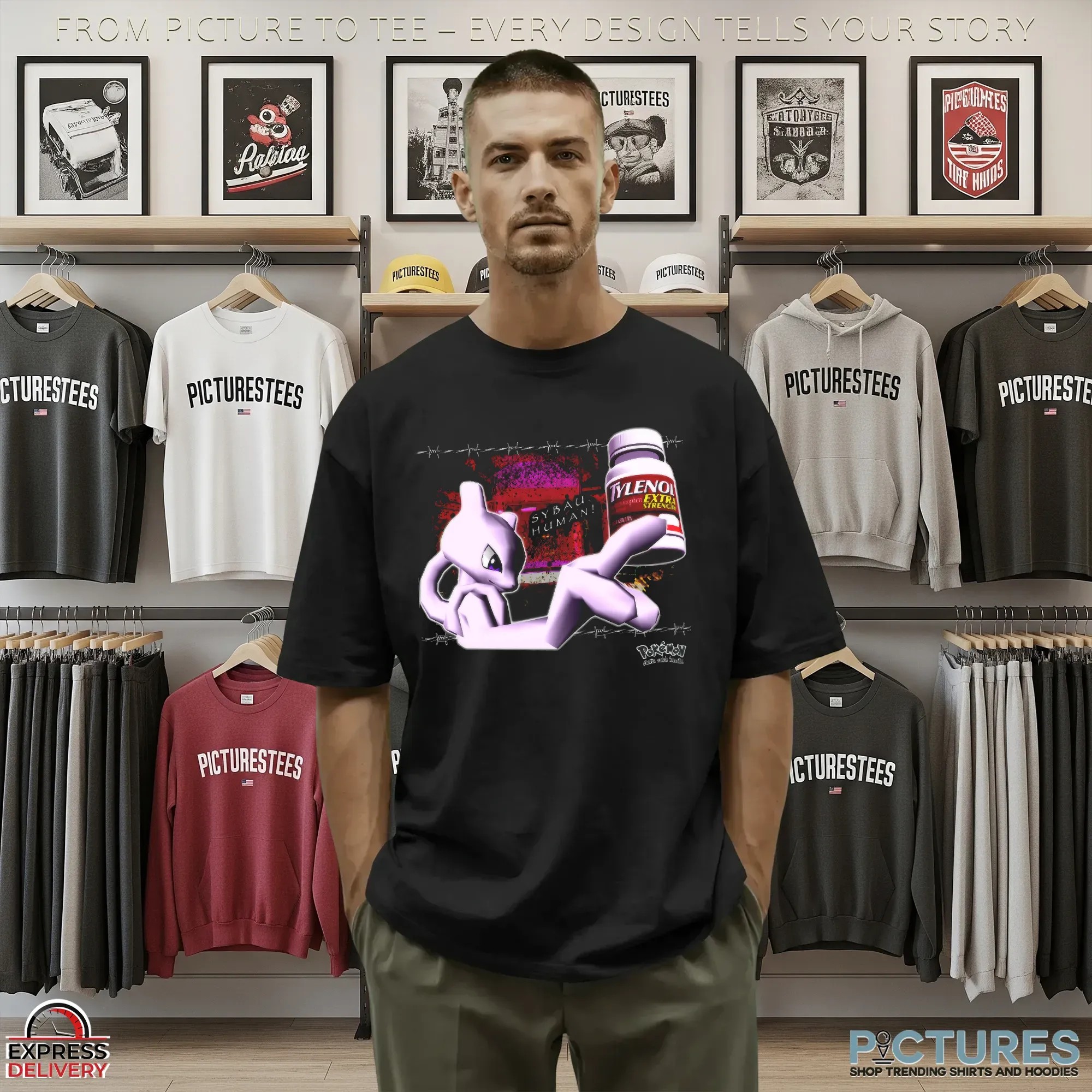 Mewtwo Holding Tylenol Edgy Glitchcore Pokémon Parody Meme T Shirt