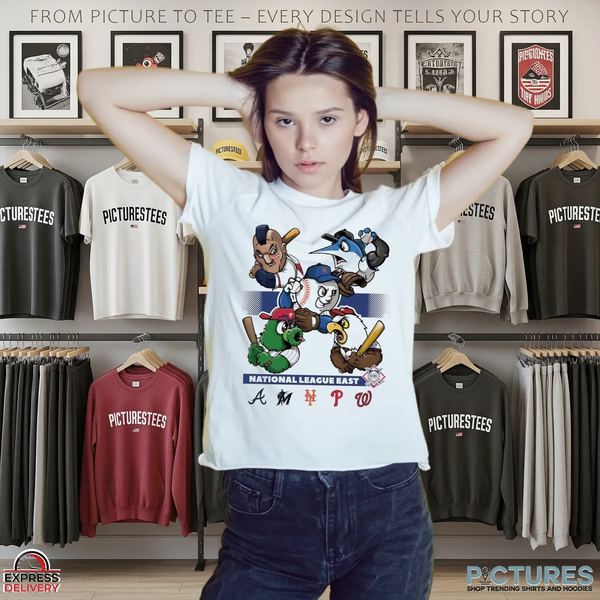 National League East 2025 MLB Postseason Braves Mets Marlins Phillies Nationals Cartoon Baseball Mascot T Shirt