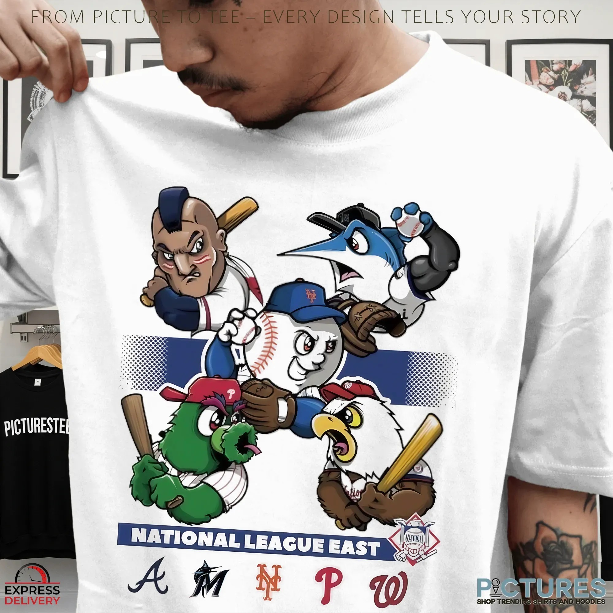 National League East 2025 MLB Postseason Braves Mets Marlins Phillies Nationals Cartoon Baseball Mascot T Shirt