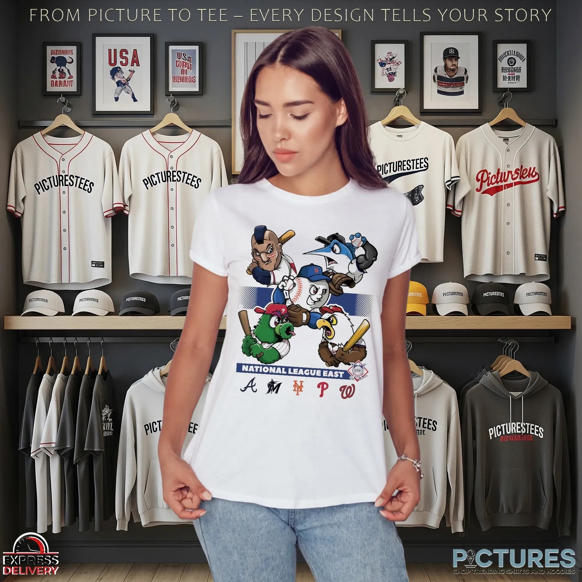 National League East 2025 MLB Postseason Braves Mets Marlins Phillies Nationals Cartoon Baseball Mascot T Shirt