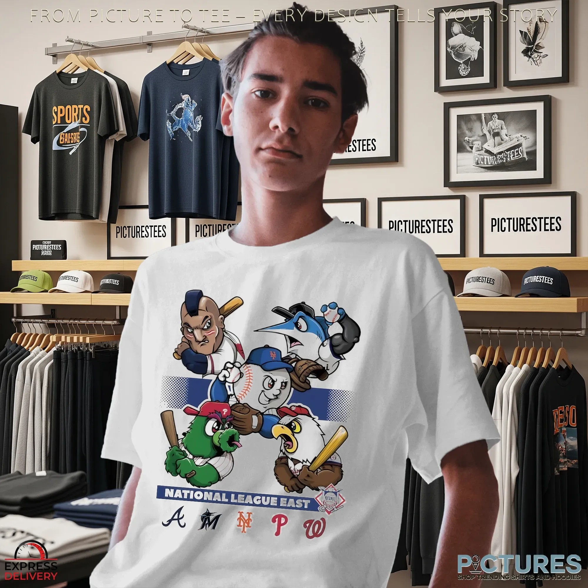 National League East 2025 MLB Postseason Braves Mets Marlins Phillies Nationals Cartoon Baseball Mascot T Shirt