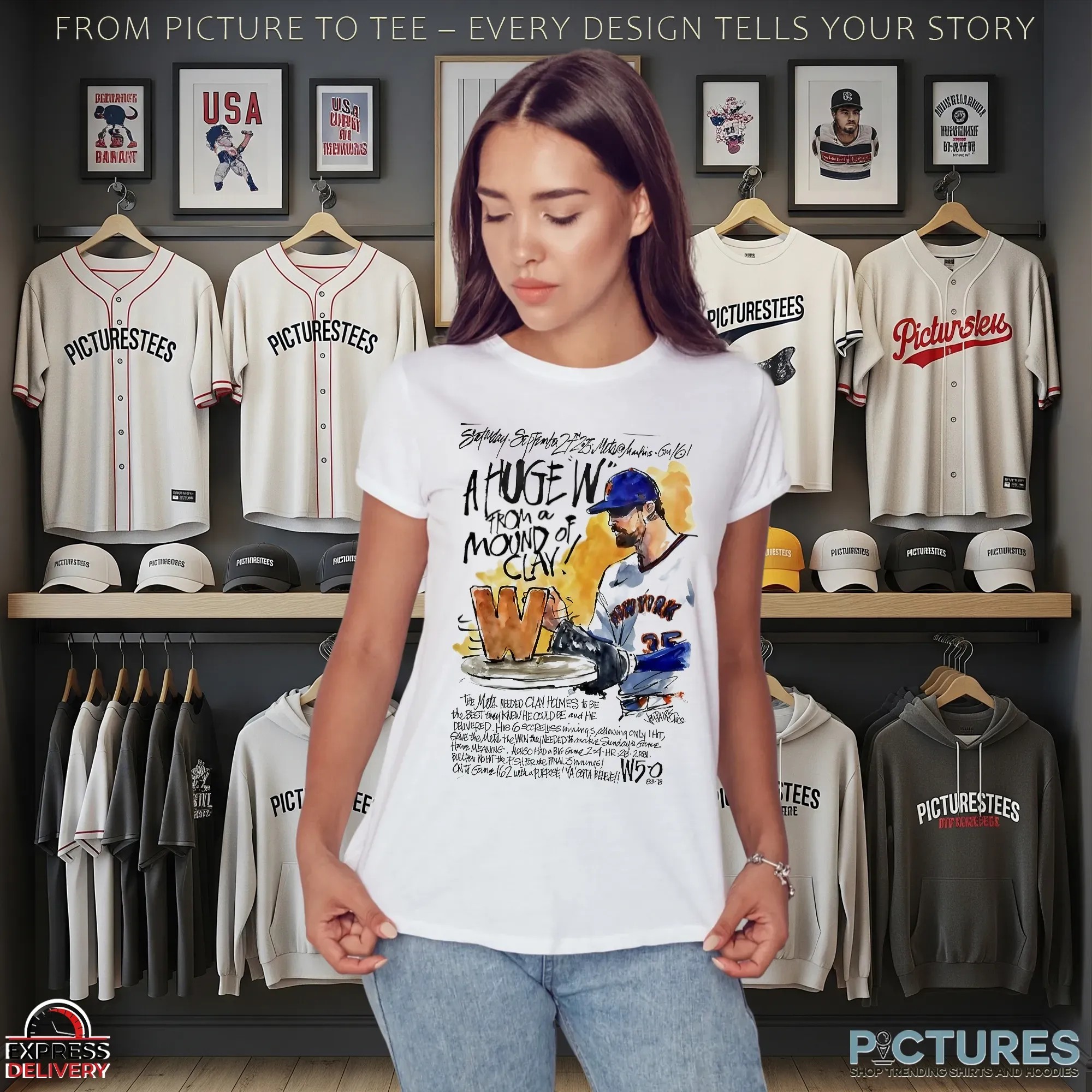 New York Mets Clay Holmes A Huge W From A Mound Of Clay 2025 Season Victory T Shirt