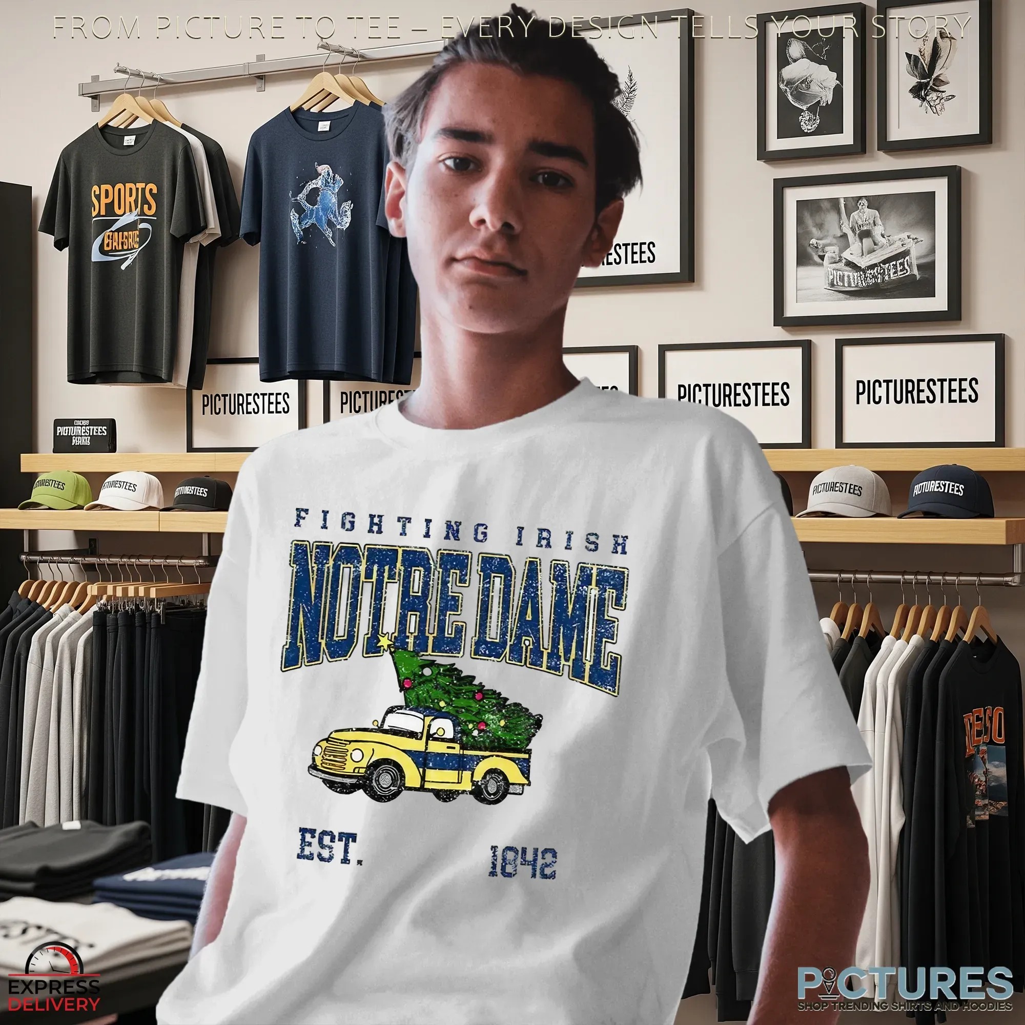 Notre Dame Fighting Irish Football Christmas Tree Truck Est 1842 Christmas T Shirt