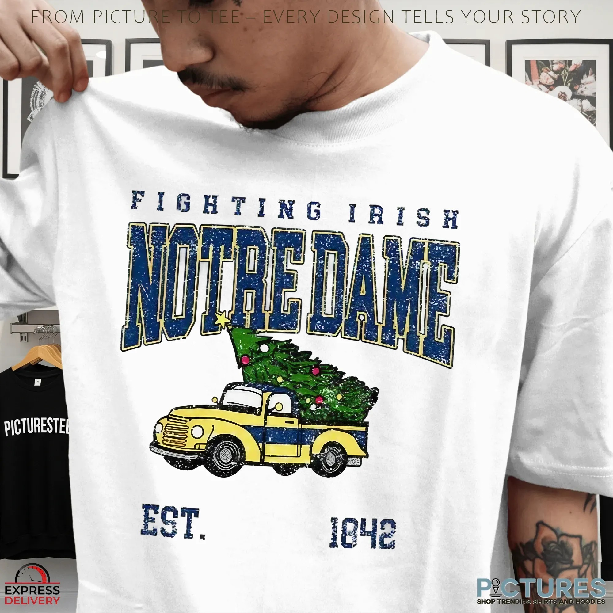 Notre Dame Fighting Irish Football Christmas Tree Truck Est 1842 Christmas T Shirt