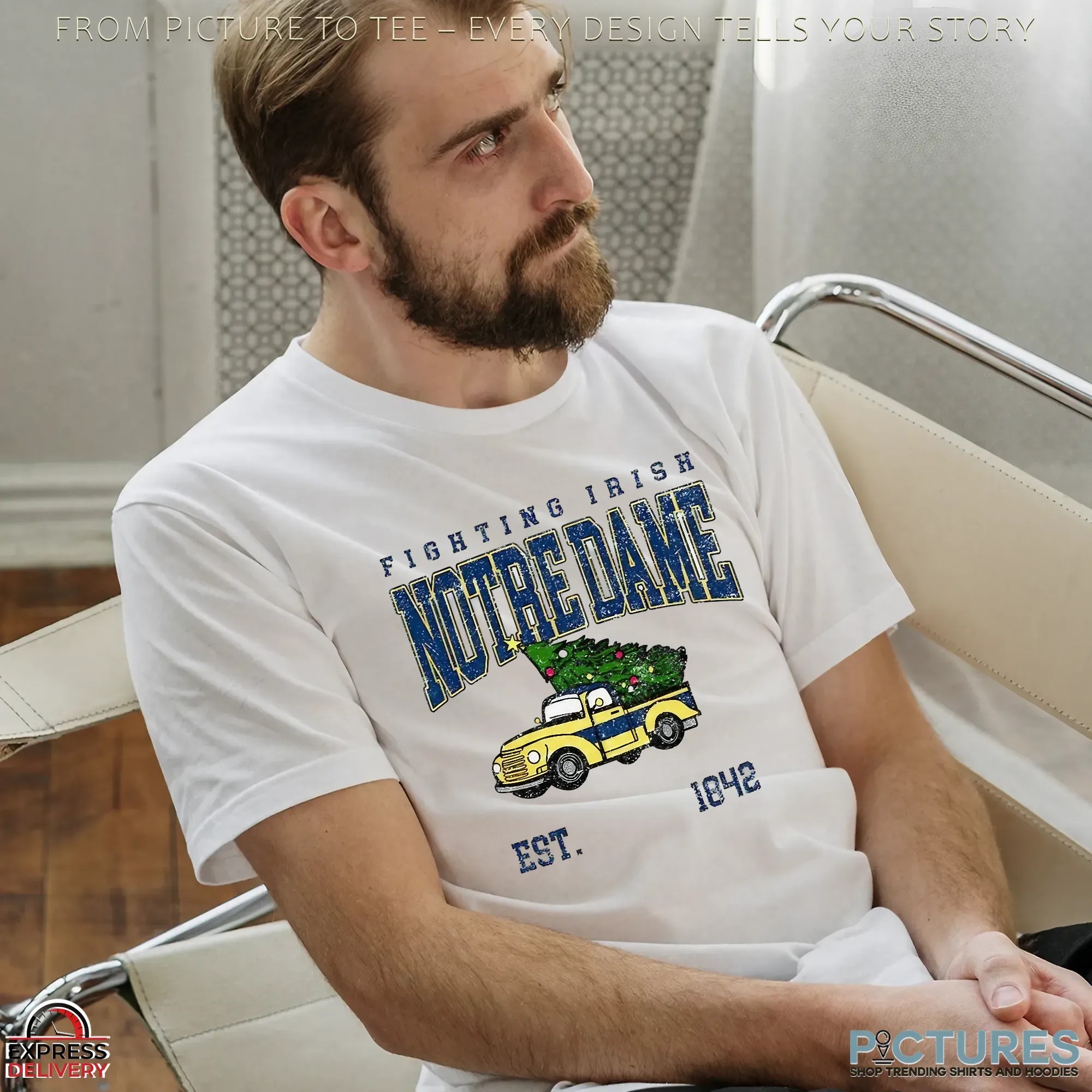 Notre Dame Fighting Irish Football Christmas Tree Truck Est 1842 Christmas T Shirt