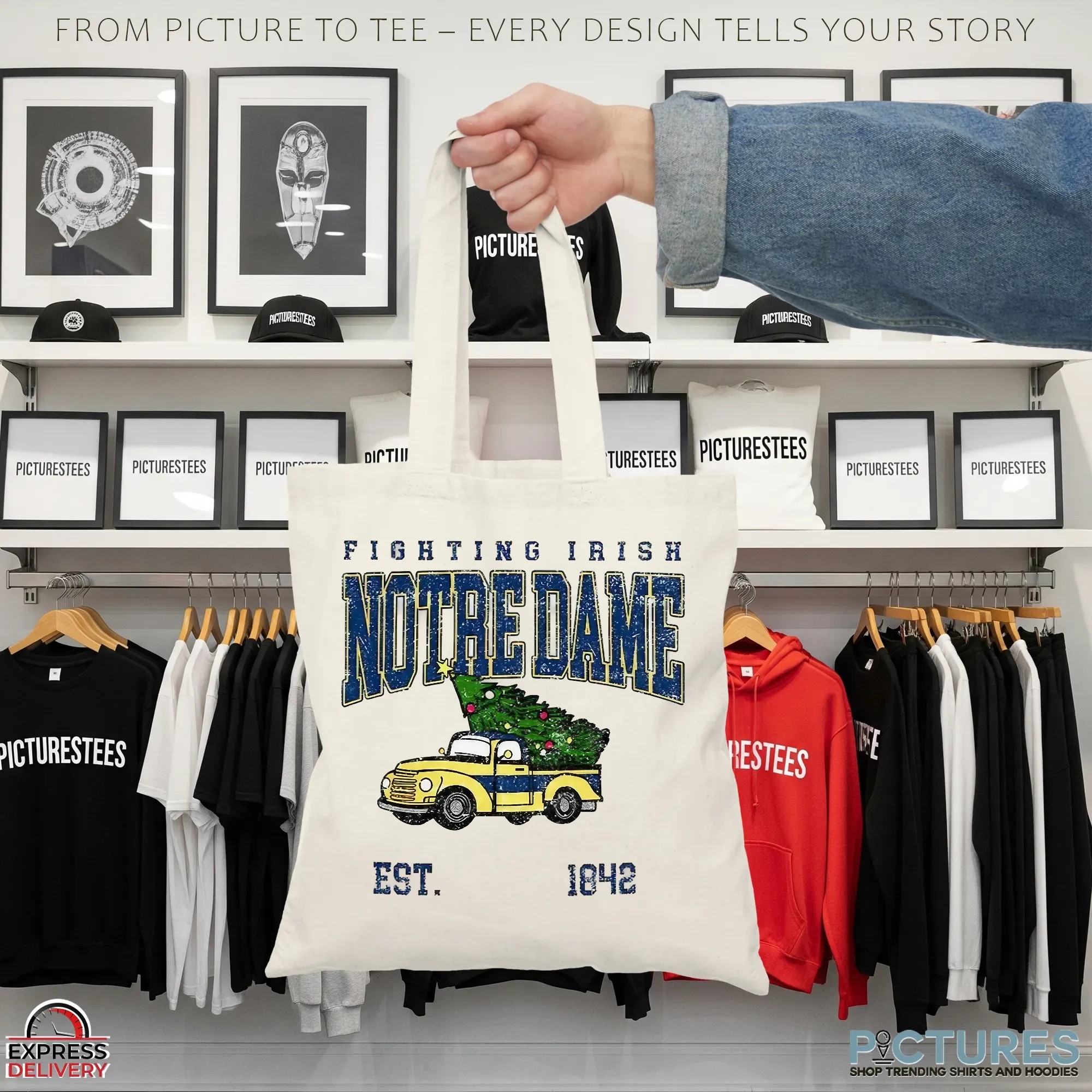 Notre Dame Fighting Irish Football Christmas Tree Truck Est 1842 Christmas T Shirt