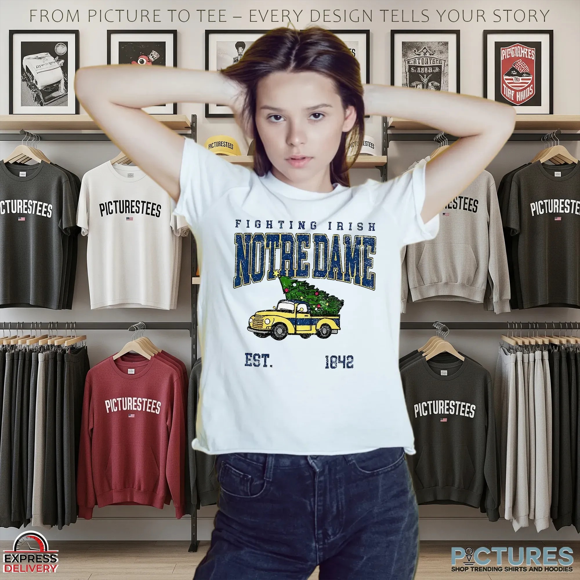 Notre Dame Fighting Irish Football Christmas Tree Truck Est 1842 Christmas T Shirt
