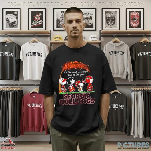 Peanuts Characters Fall It’s The Most Wonderful Time Of The Year Georgia Bulldogs Holiday Mashup T Shirt