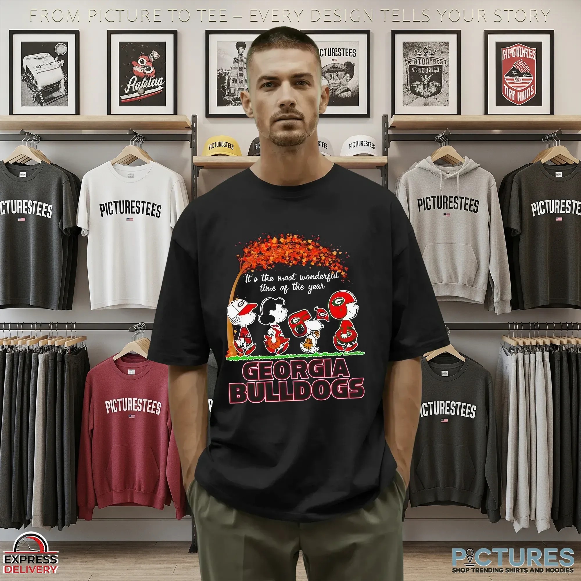 Peanuts Characters Fall It’s The Most Wonderful Time Of The Year Georgia Bulldogs Holiday Mashup T Shirt
