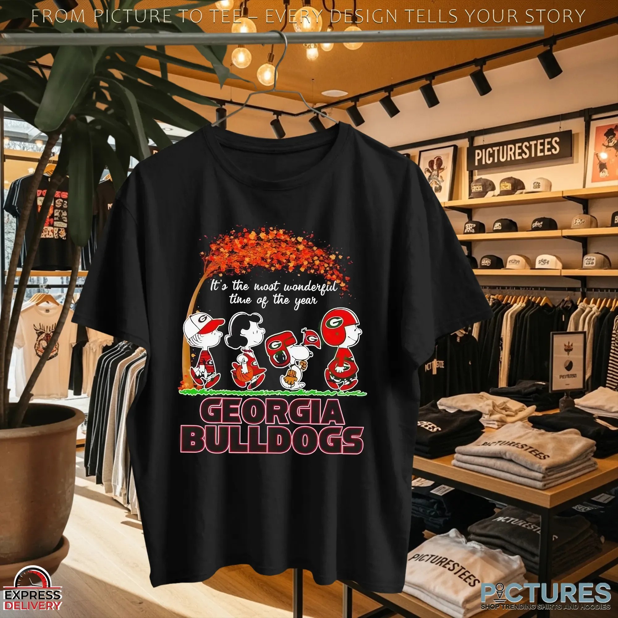 Peanuts Characters Fall It’s The Most Wonderful Time Of The Year Georgia Bulldogs Holiday Mashup T Shirt