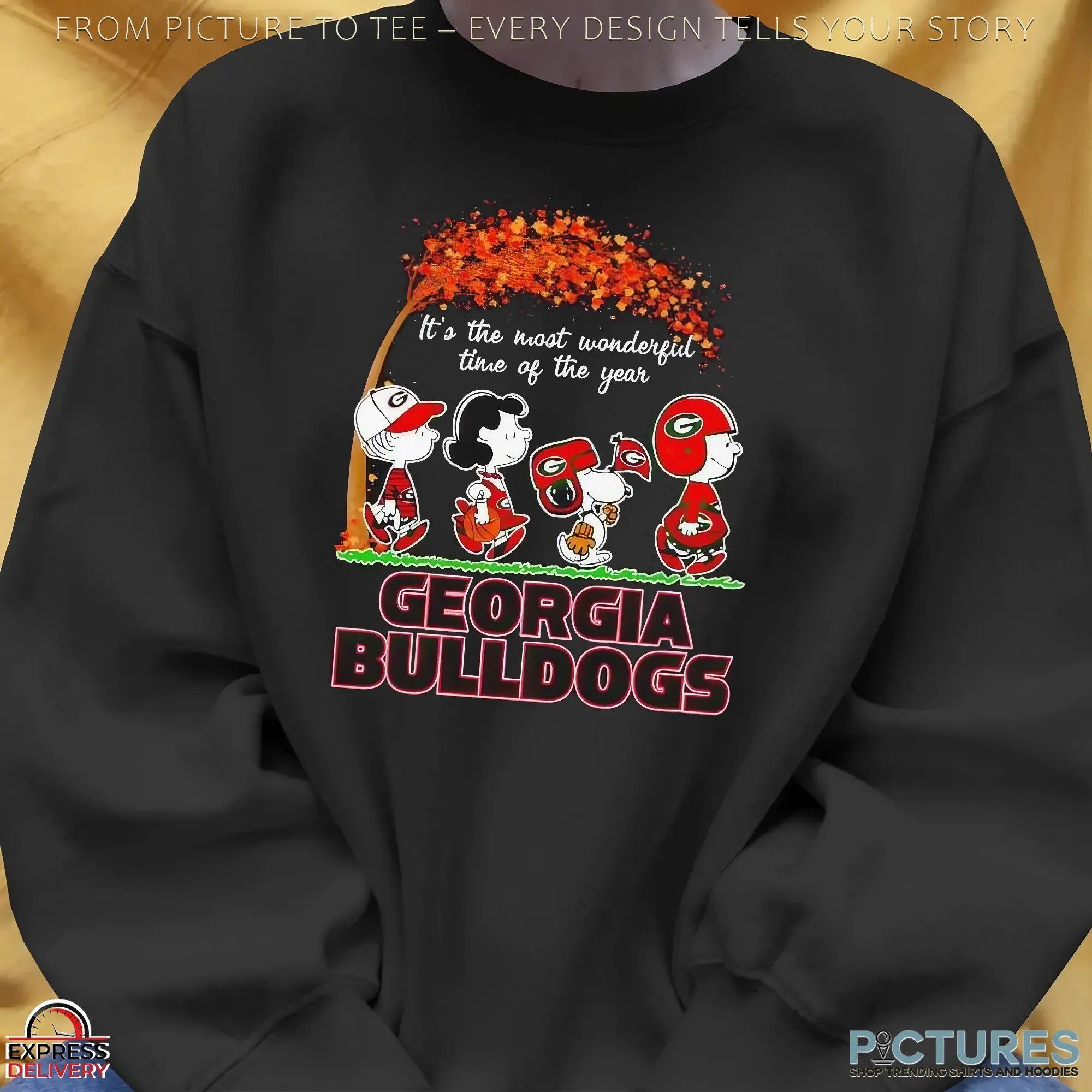 Peanuts Characters Fall It’s The Most Wonderful Time Of The Year Georgia Bulldogs Holiday Mashup T Shirt