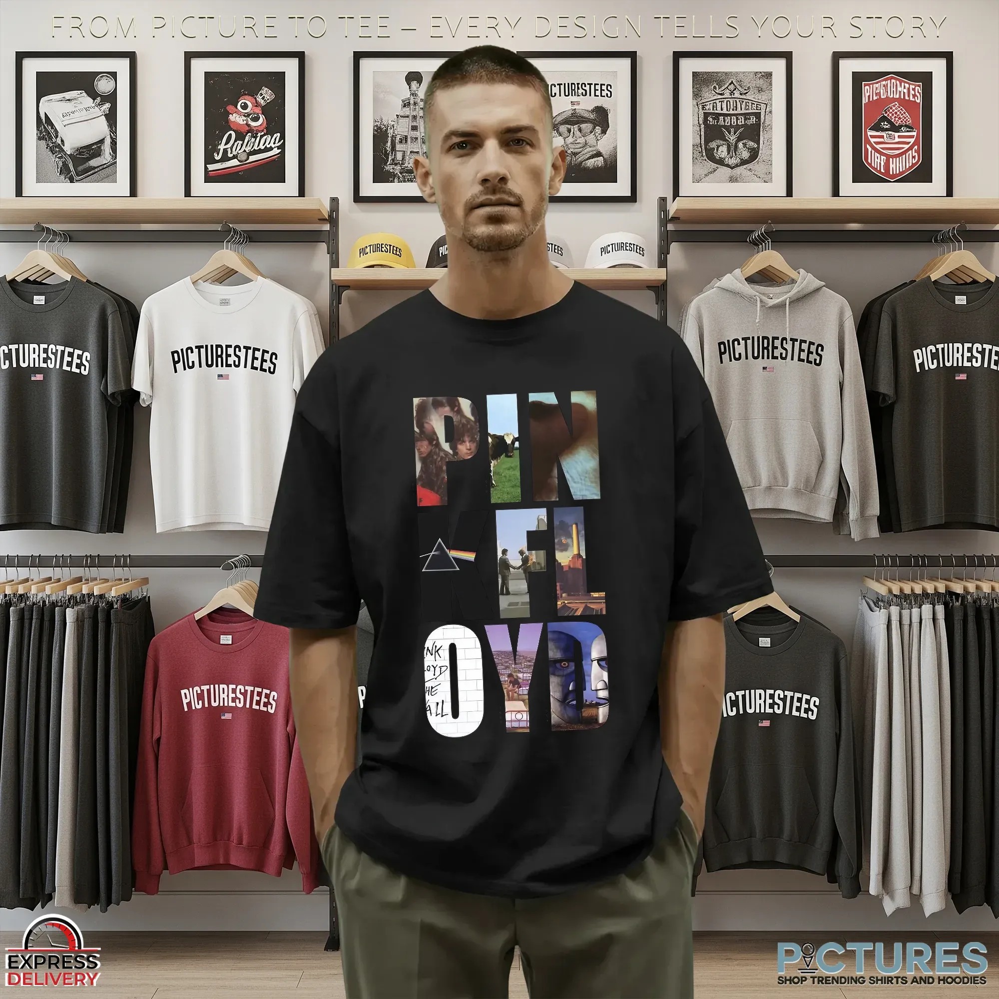 Pink Floyd Psychedelic Rock Band Timeline Graphic Tee Featuring Iconic Covers from 1967 to 1994 Album Art Tribute T Shirt