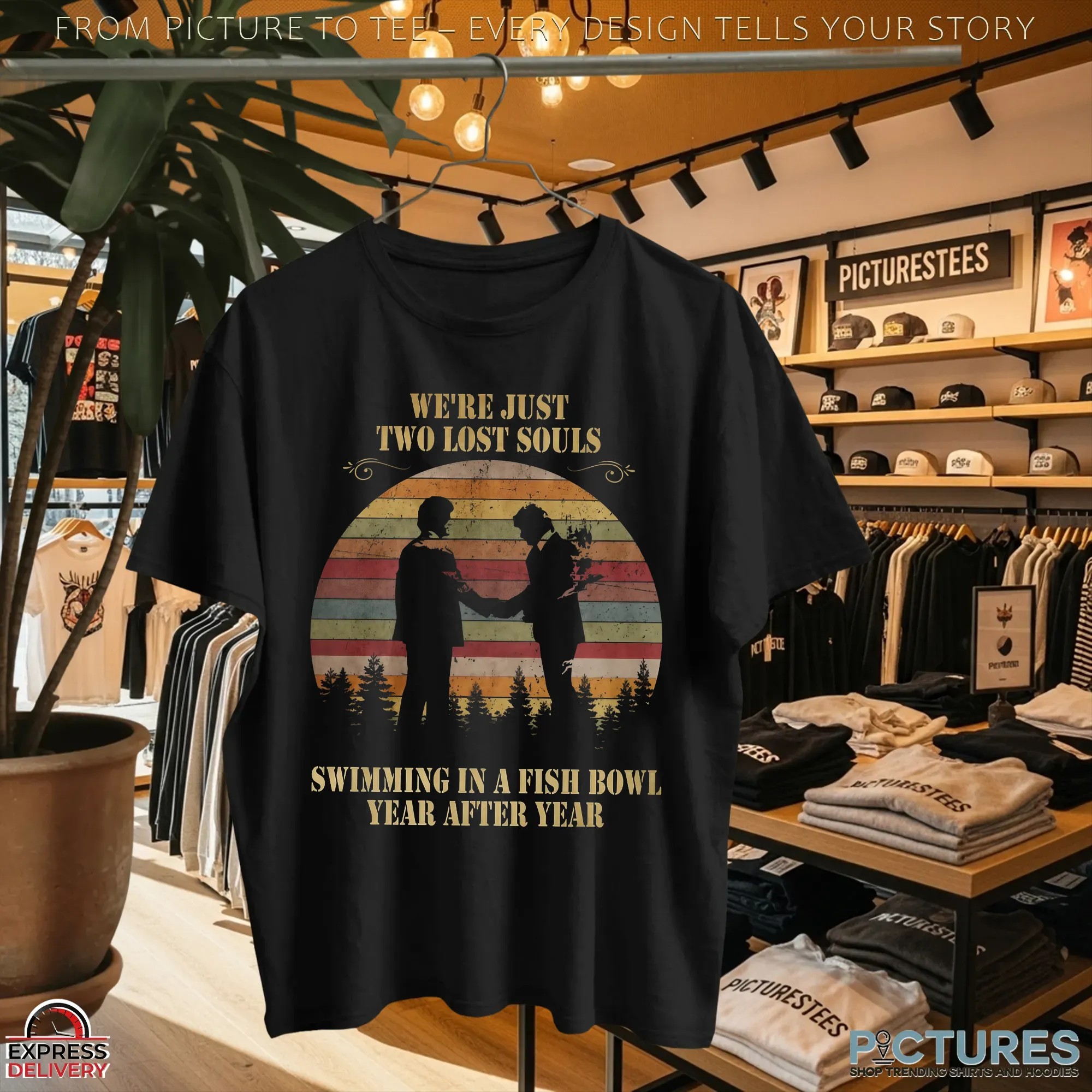 Pink Floyd Wish You Were Here Lyric Two Lost Souls Swimming In A Fish Bowl Vintage Sunset Graphic T Shirt