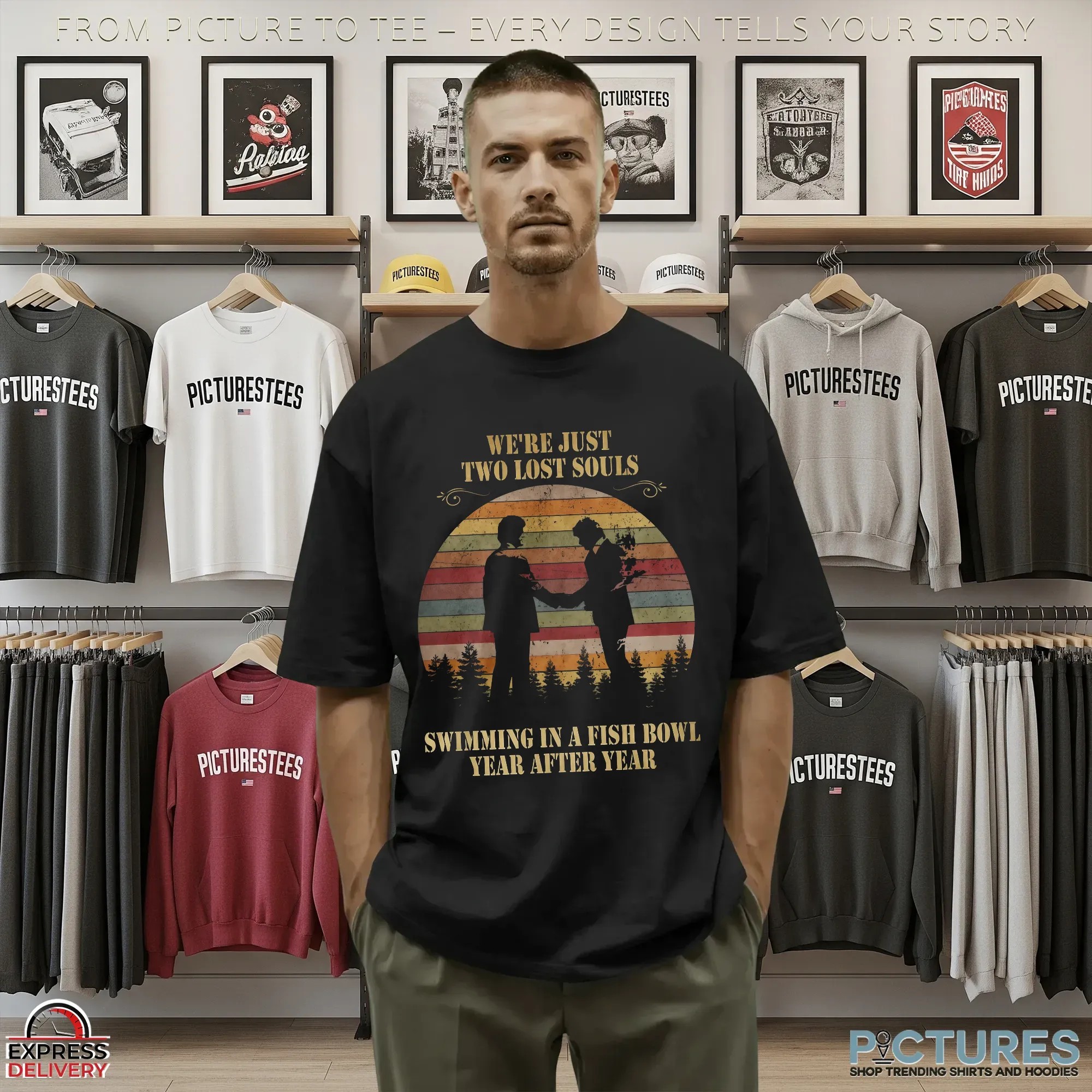 Pink Floyd Wish You Were Here Lyric Two Lost Souls Swimming In A Fish Bowl Vintage Sunset Graphic T Shirt