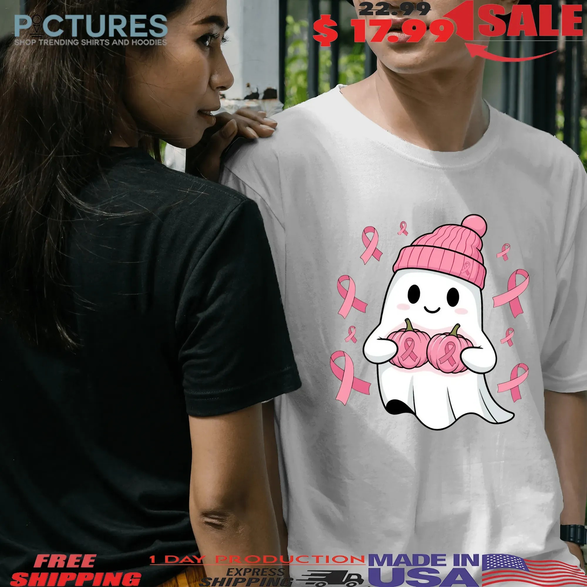 Pink Ghost Breast Cancer Awareness Shirt, In October We Wear Pink Shirt, Halloween Breast Cancer Shirt, Pink Ribbon Shirt, Boo Ghost Shirt
