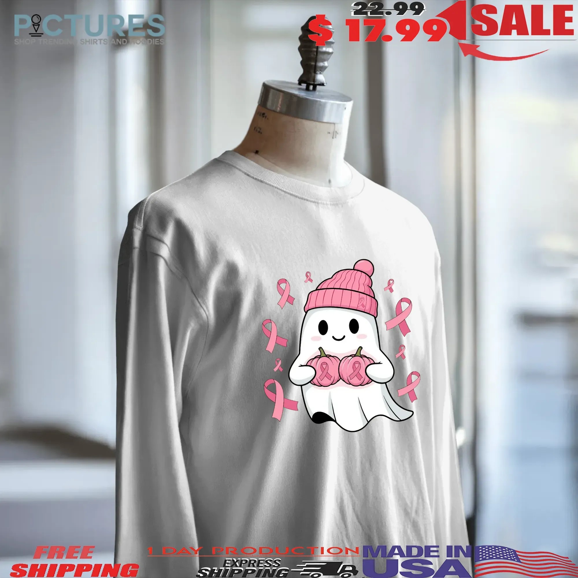 Pink Ghost Breast Cancer Awareness Shirt, In October We Wear Pink Shirt, Halloween Breast Cancer Shirt, Pink Ribbon Shirt, Boo Ghost Shirt