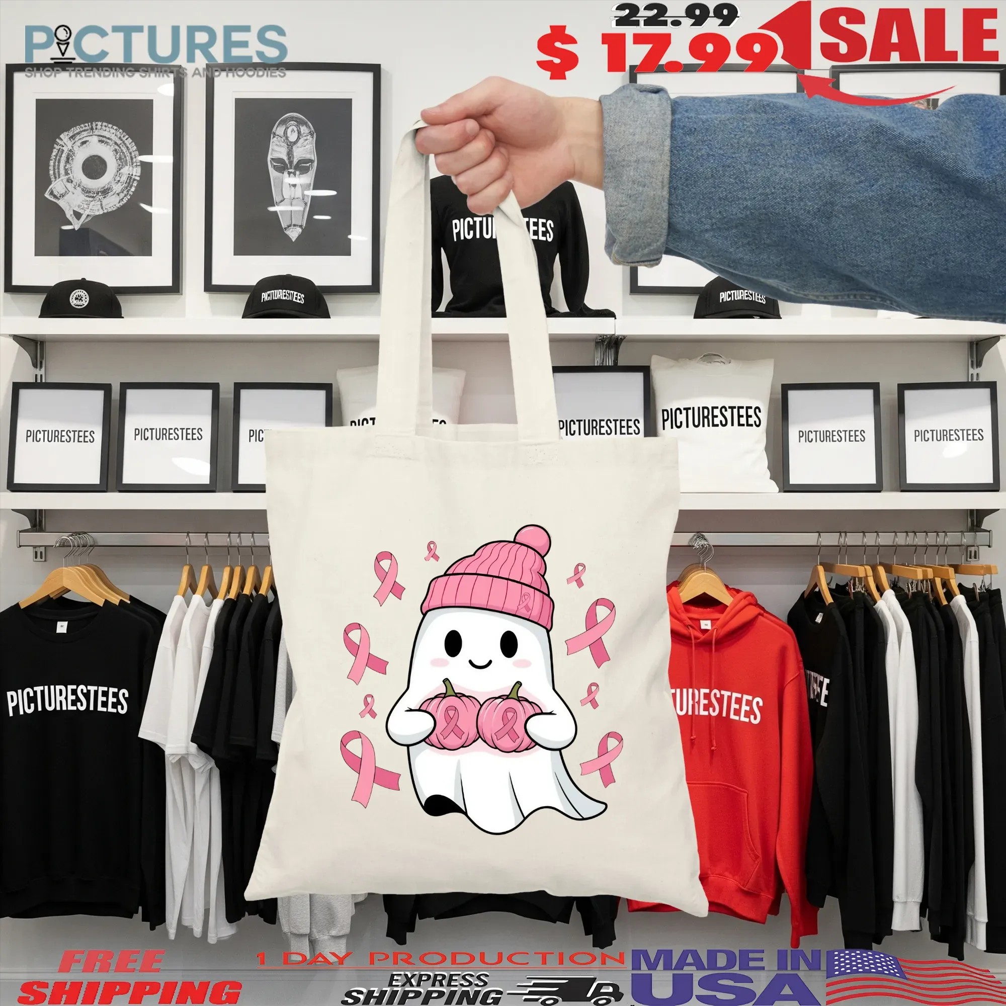 Pink Ghost Breast Cancer Awareness Shirt, In October We Wear Pink Shirt, Halloween Breast Cancer Shirt, Pink Ribbon Shirt, Boo Ghost Shirt