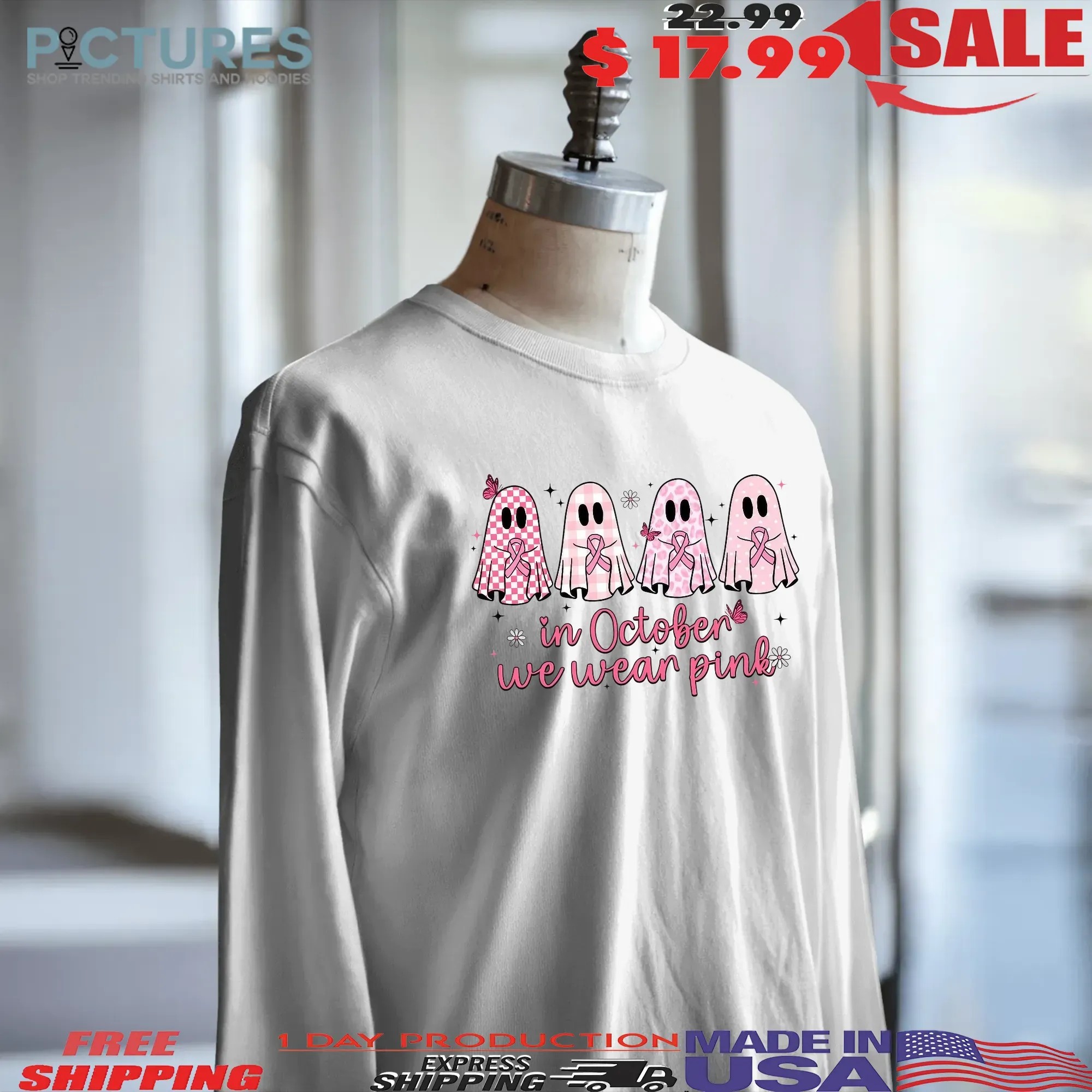 Pink Ghost Breast Cancer Awareness Sweatshirt In October We Wear Pink Shirt