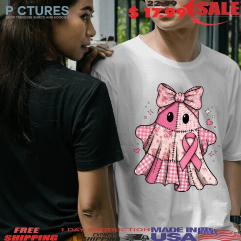Pink Patchwork Ghost Breast Cancer Awareness Halloween T Shirt