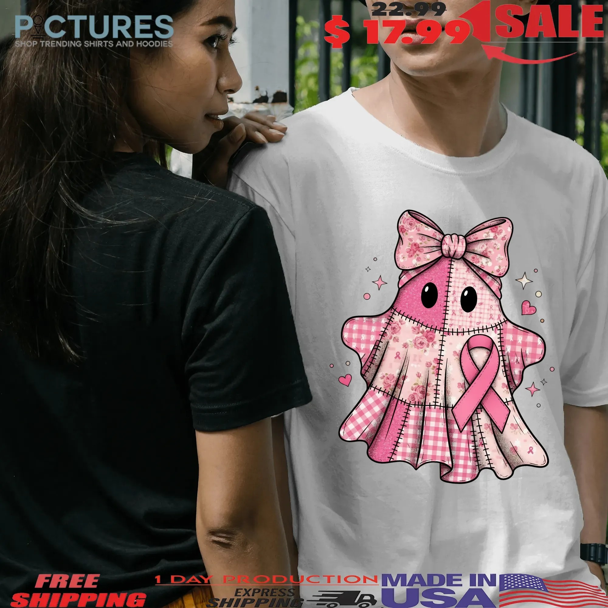 Pink Patchwork Ghost Breast Cancer Awareness Halloween T Shirt