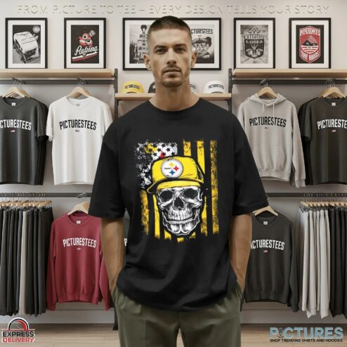 Pittsburgh Steelers Football Skull American Flag T Shirt