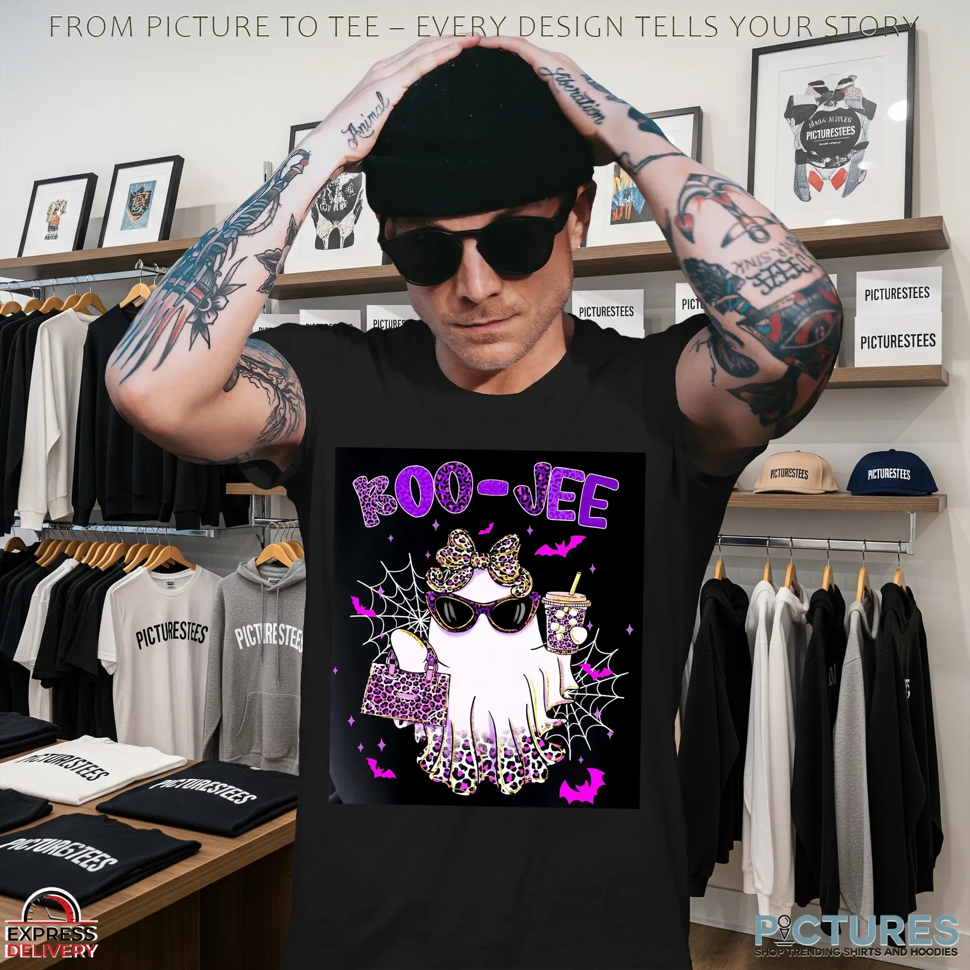 Preppy Leopard Ghost Boo Jee, Pink Halloween Coffee Ghost, Boujee Ghost, Spooky Season, Faux Glitter, Fall Pumpkin T Shirt
