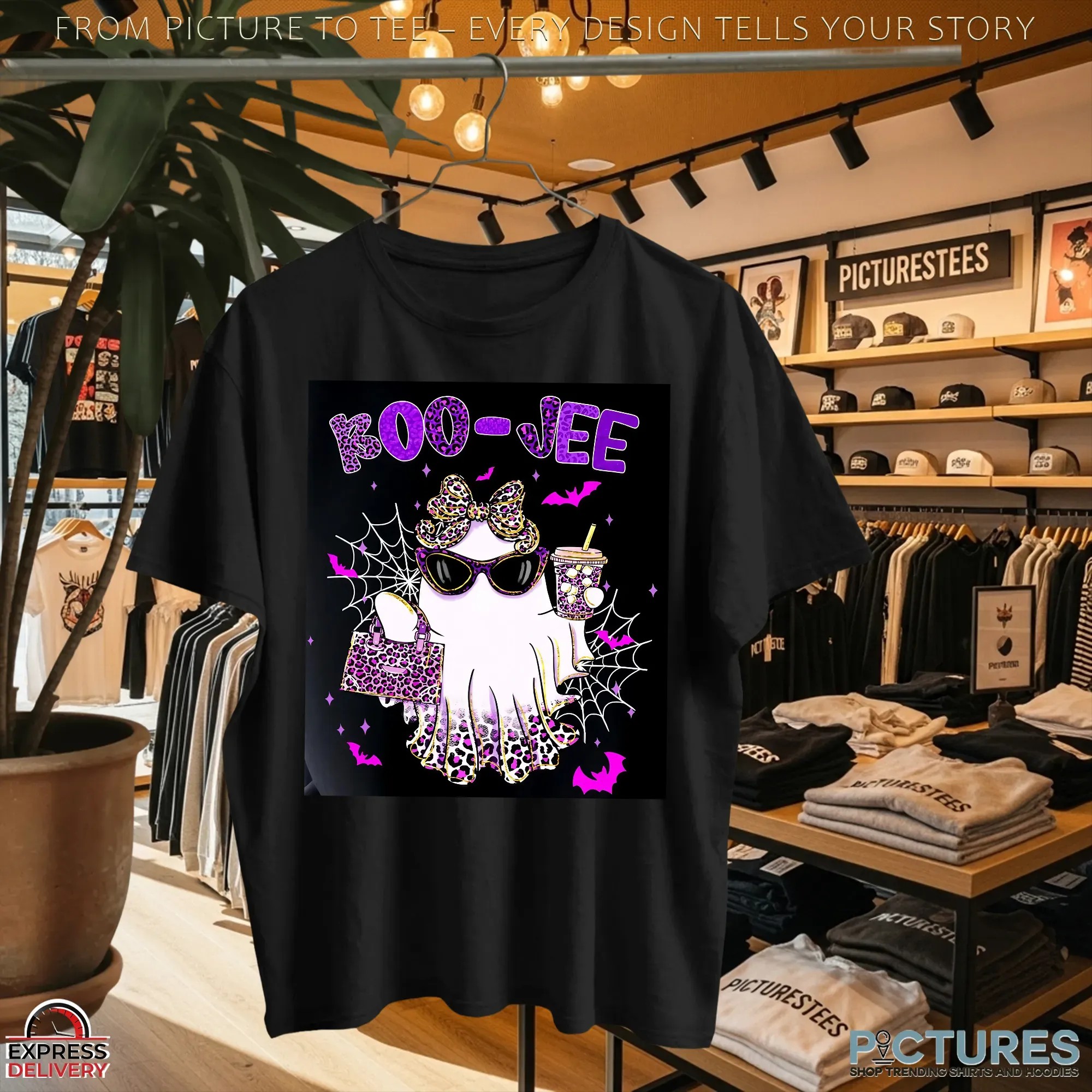 Preppy Leopard Ghost Boo Jee, Pink Halloween Coffee Ghost, Boujee Ghost, Spooky Season, Faux Glitter, Fall Pumpkin T Shirt