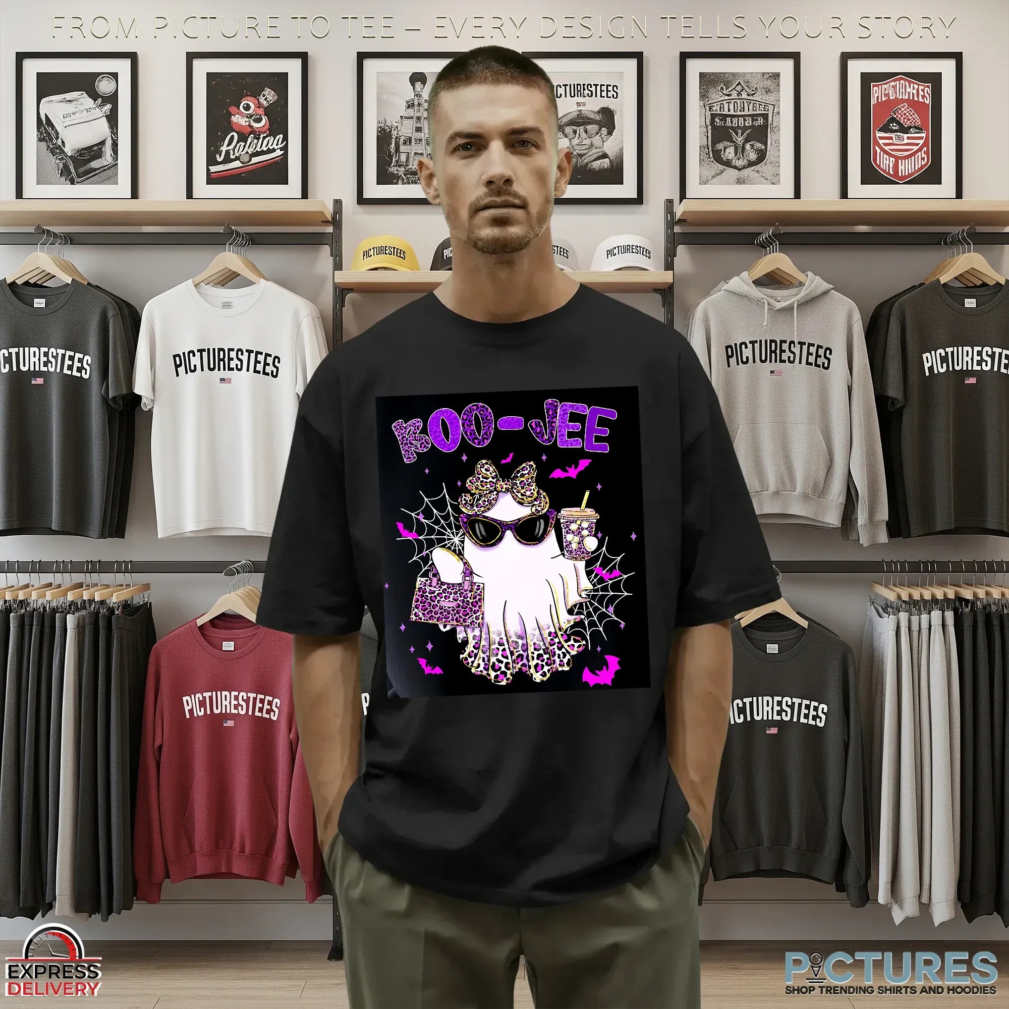 Preppy Leopard Ghost Boo Jee, Pink Halloween Coffee Ghost, Boujee Ghost, Spooky Season, Faux Glitter, Fall Pumpkin T Shirt