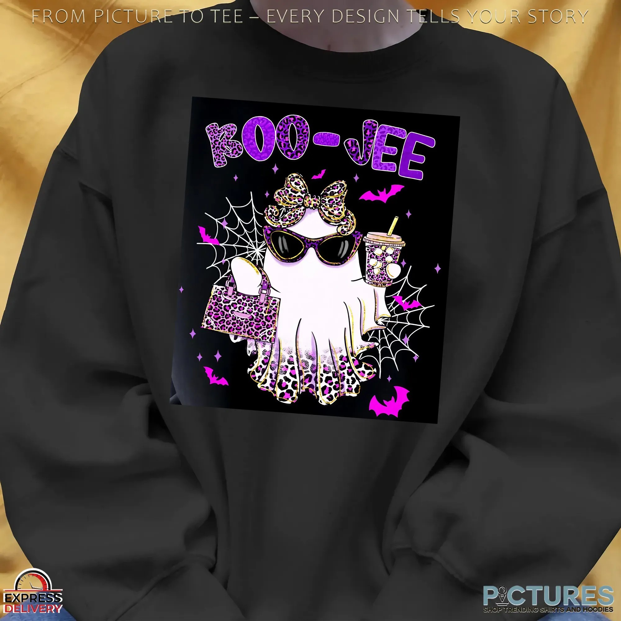 Preppy Leopard Ghost Boo Jee, Pink Halloween Coffee Ghost, Boujee Ghost, Spooky Season, Faux Glitter, Fall Pumpkin T Shirt
