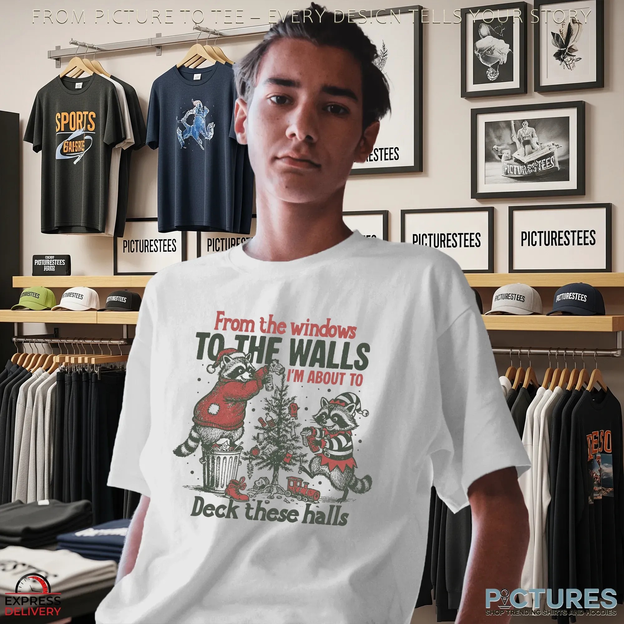 Raccoon From The Windows To The Walls I'm About To Deck These Halls Retro Christmas Shirt
