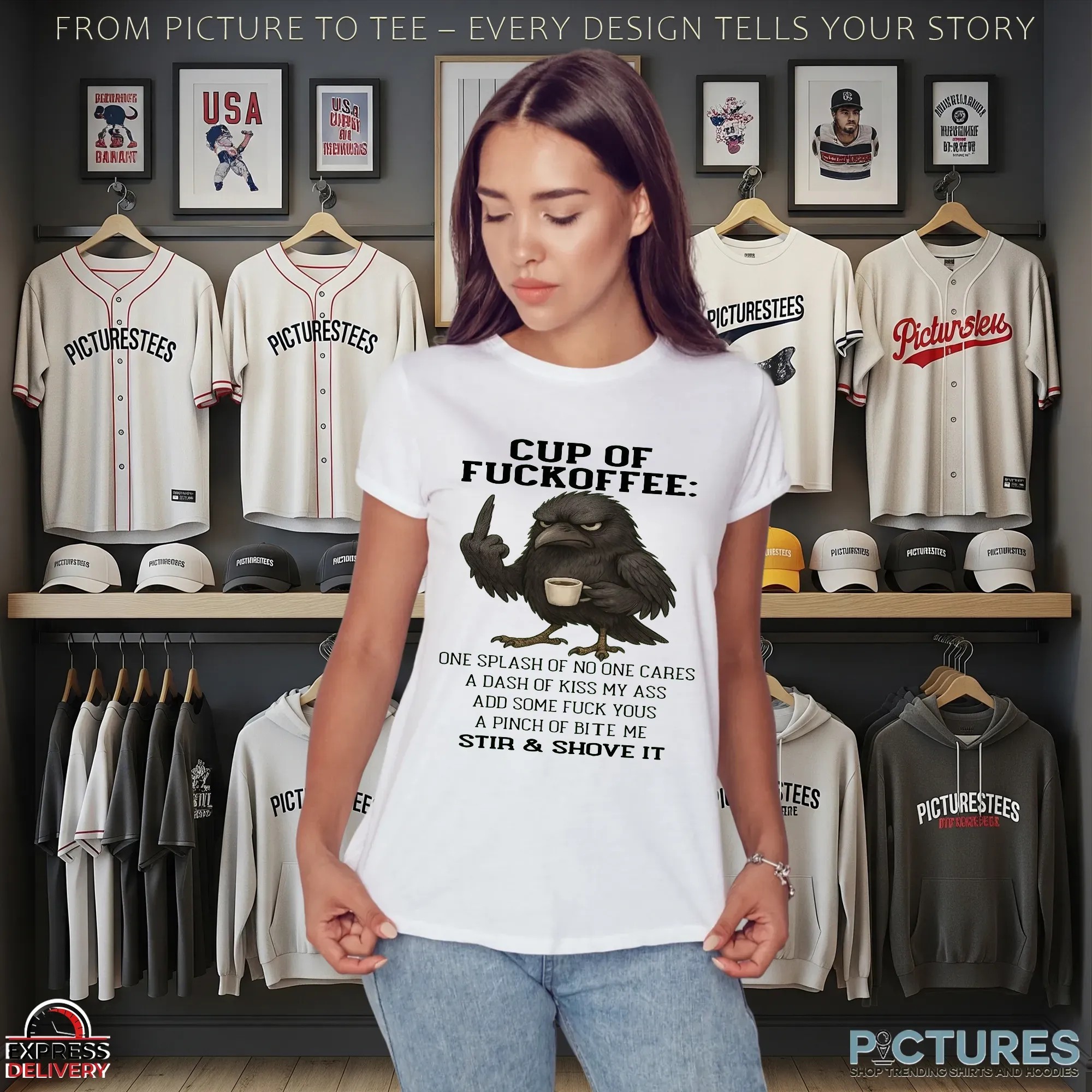 Raven Cup Of Fuckoffee One Splash Of No One Cares A Dash Of Kiss My Ass Add Some Fuck Yous A Pinch Of Bite Me Stir & Shove It T Shirt