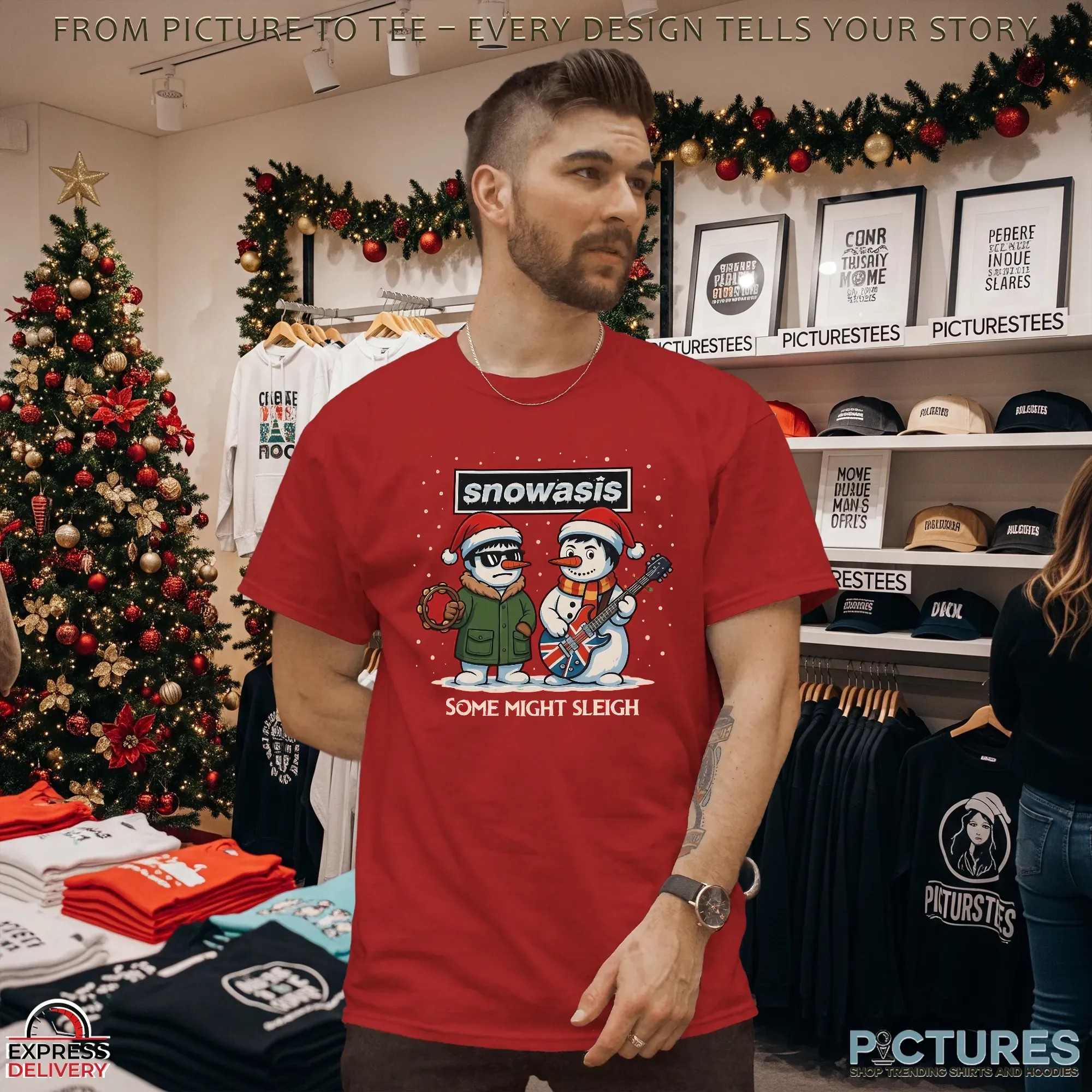 SNOWASIS Some Might Sleigh Snowman Rock Band Parody Music Lovers Holiday Xmas T Shirt
