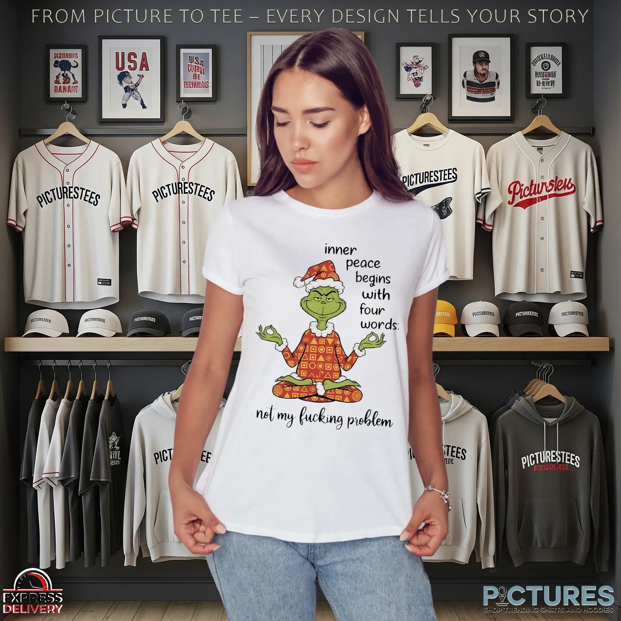 Santa Grinch Yoga Inner Peace Begins With Four Words Not My Fucking Problem Christmas T Shirt