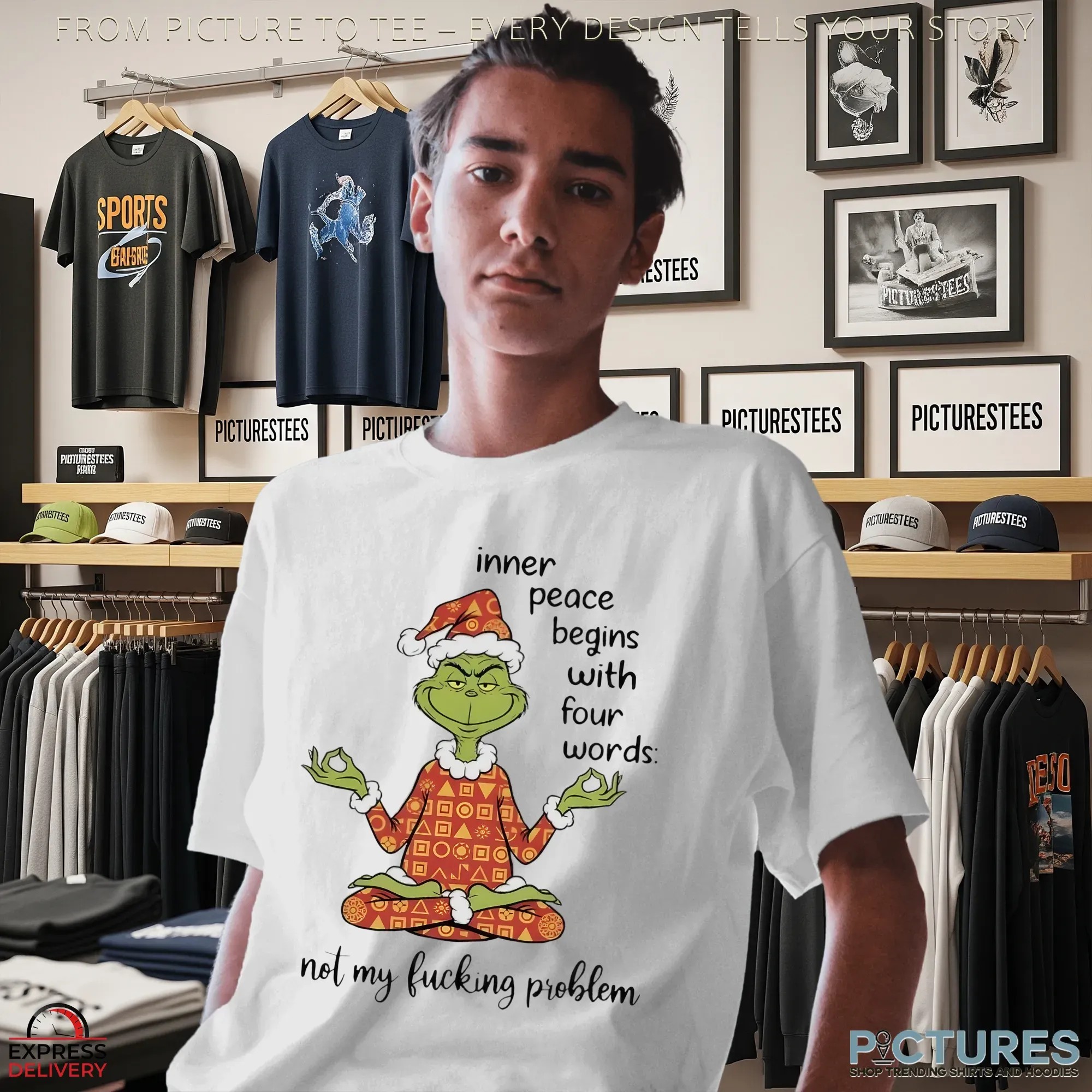 Santa Grinch Yoga Inner Peace Begins With Four Words Not My Fucking Problem Christmas T Shirt