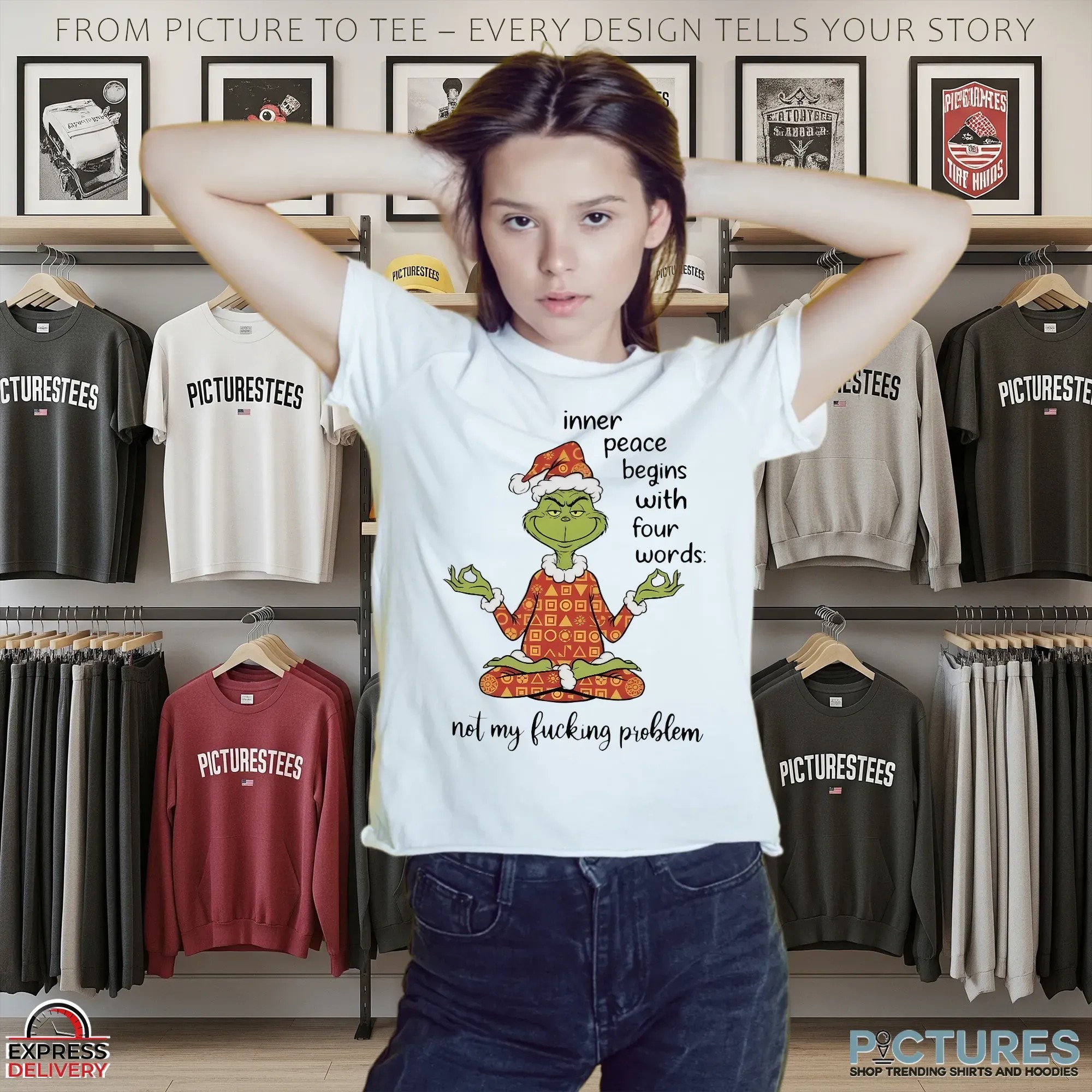 Santa Grinch Yoga Inner Peace Begins With Four Words Not My Fucking Problem Christmas T Shirt