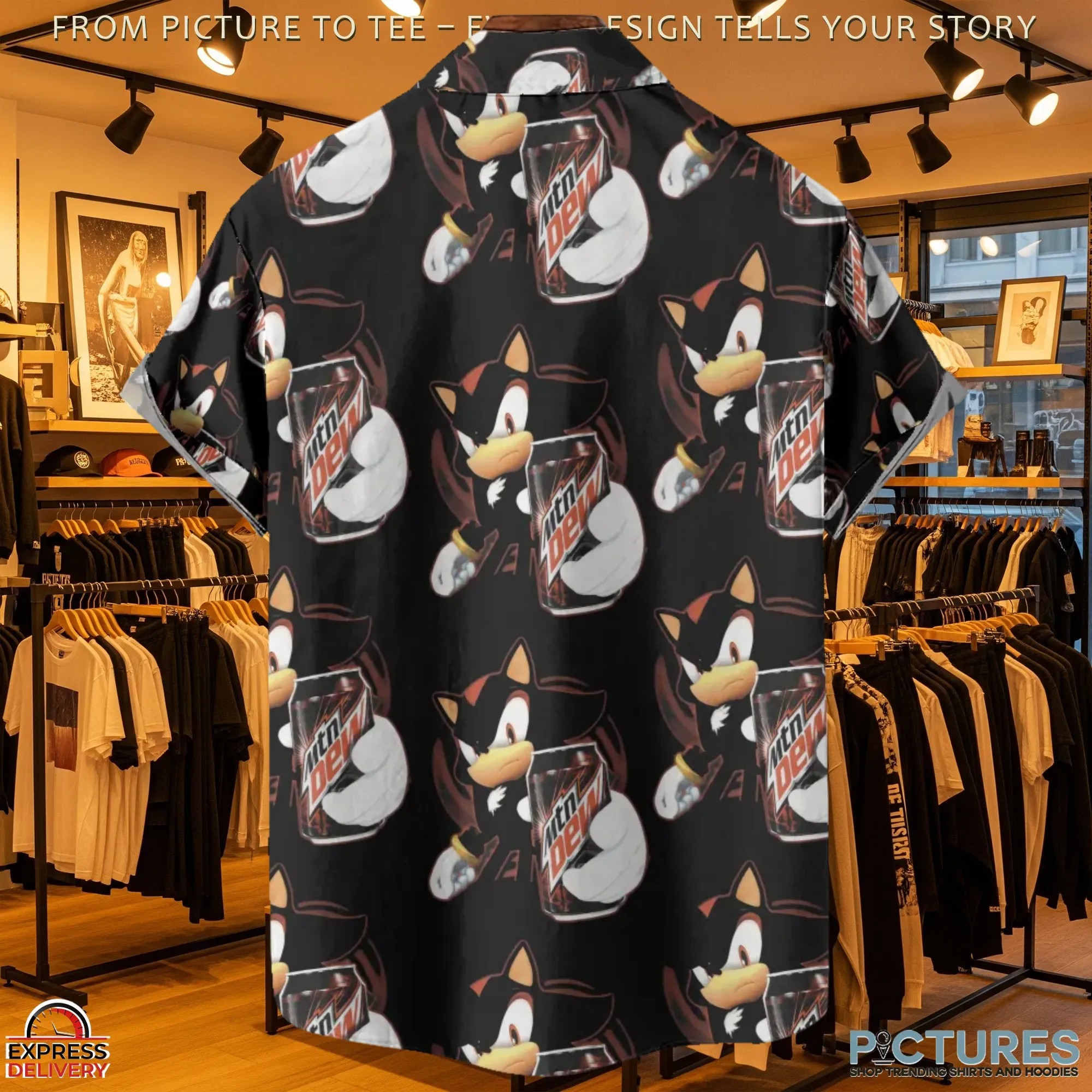 Shadow The Hedgehog Mountain Dew Energy 3D Button Up Hawaiian T Shirt