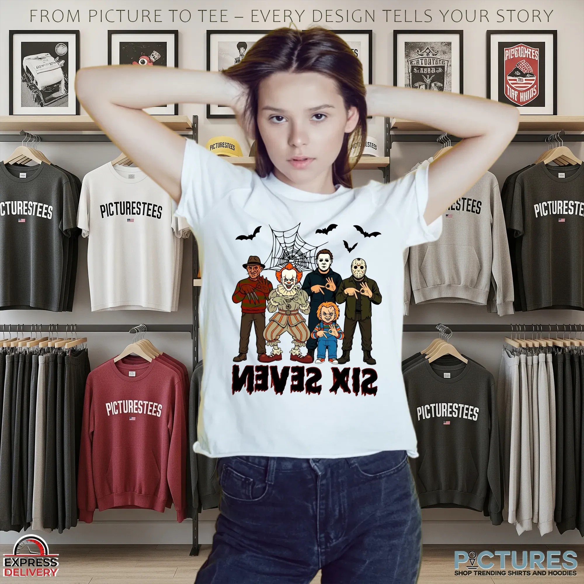 Six Seven Horror Legends Freddy, Pennywise, Michael, Jason & Chucky Parody Halloween T Shirt