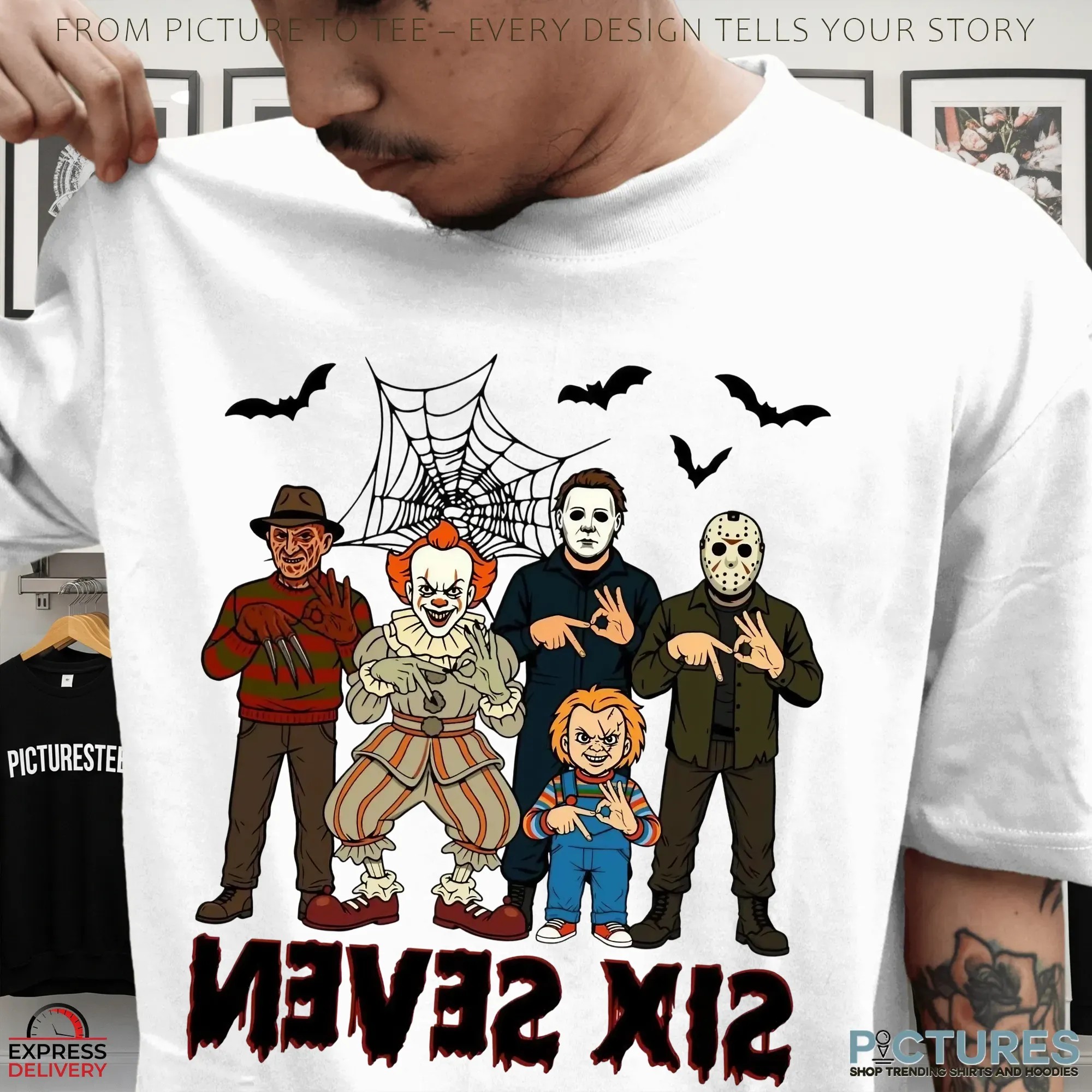 Six Seven Horror Legends Freddy, Pennywise, Michael, Jason & Chucky Parody Halloween T Shirt