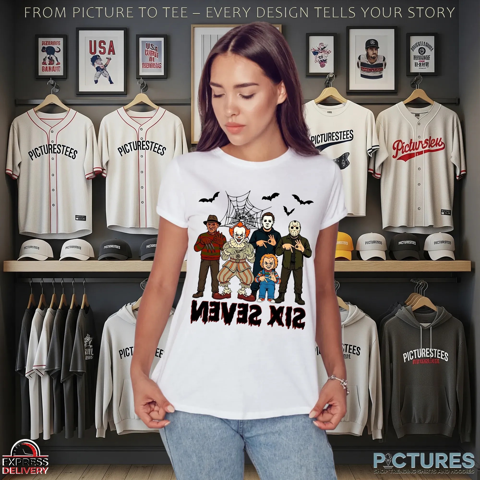 Six Seven Horror Legends Freddy, Pennywise, Michael, Jason & Chucky Parody Halloween T Shirt