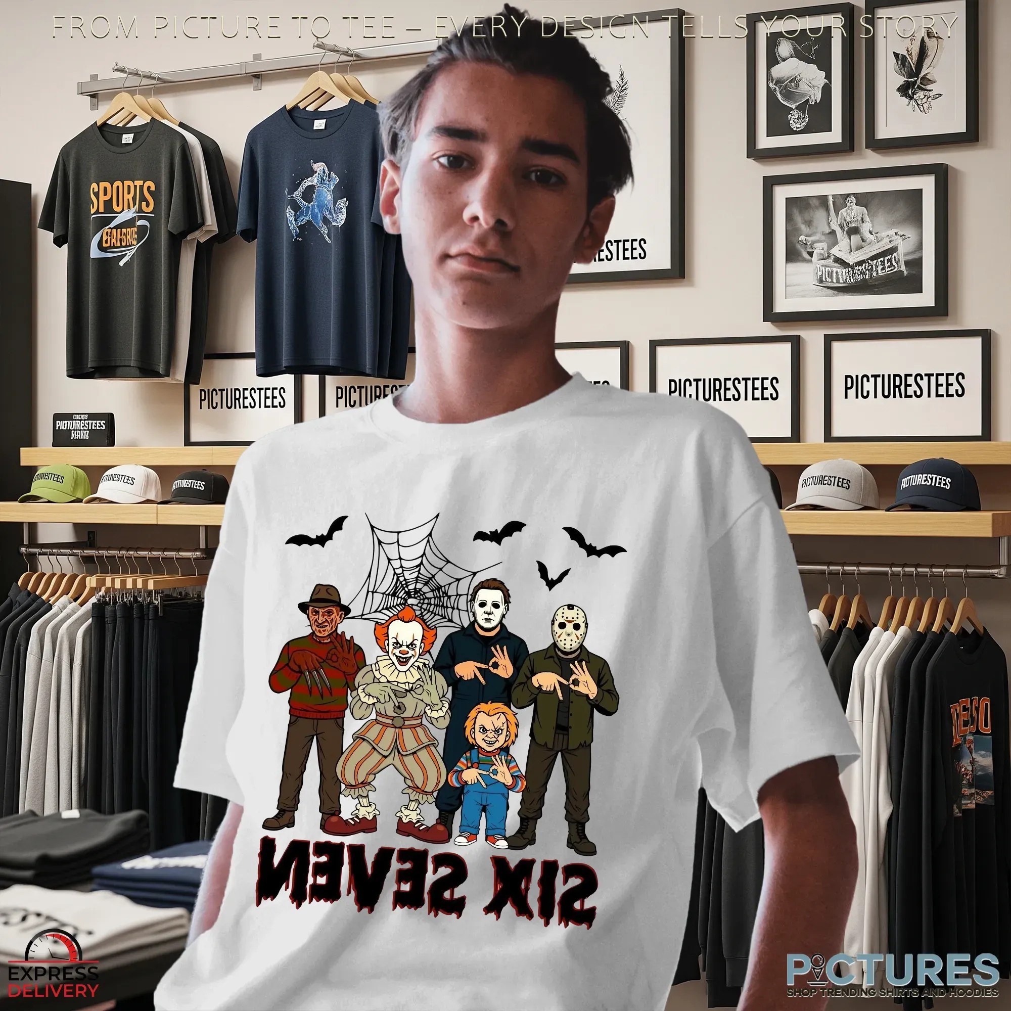 Six Seven Horror Legends Freddy, Pennywise, Michael, Jason & Chucky Parody Halloween T Shirt